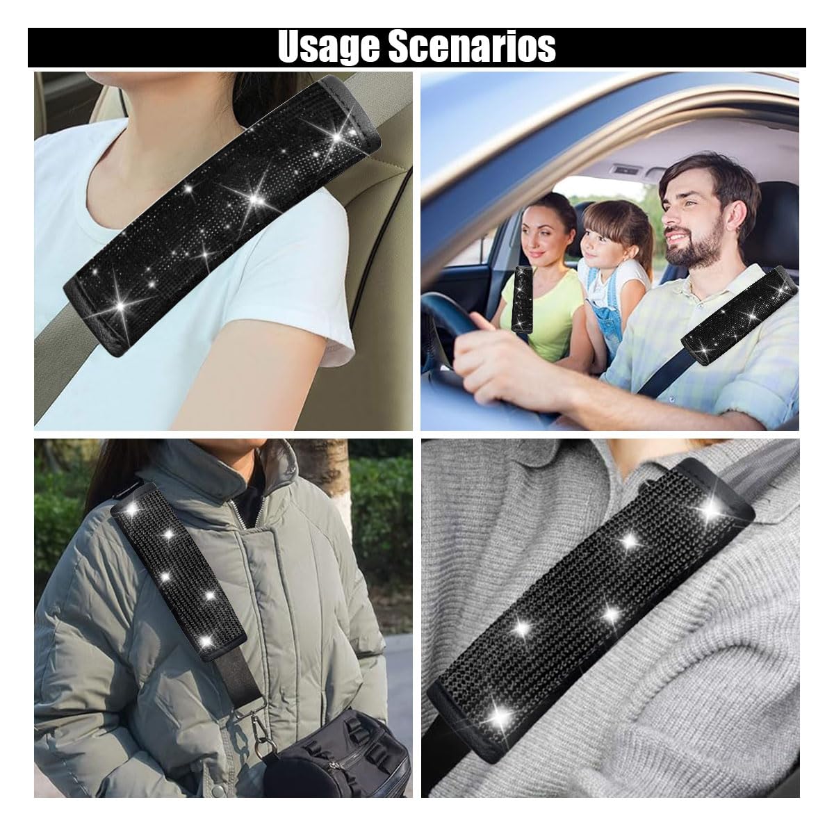 2PCS Rhinestone Car Seat Belt Shoulder Pads - Bling Crystal Diamond Seat Belt Covers for Women, Comfortable Car Seatbelt Strap Pads for SUV & Sedan - Perfect Car Interior Accessories for Daily Commute & Road Trips (Black Diamond)