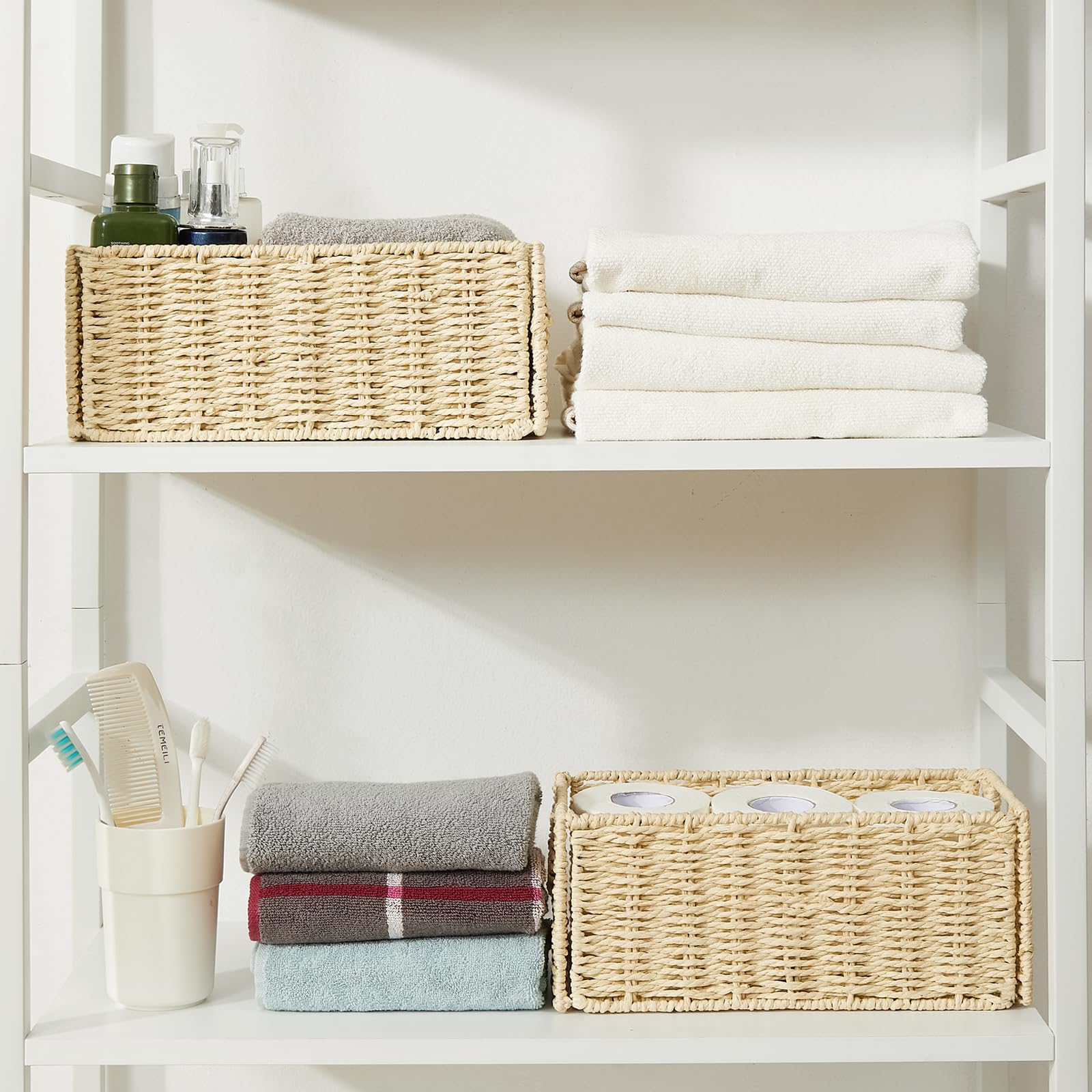 Vagusicc Wicker Storage Basket Set of 2 - Handwoven Paper Rope Organizing Bins for Bathroom, Living Room & Bedroom - Foldable Cube Shelves Storage for Toilet Paper, Blankets & Toys (Beige) | Home Organization & Decorative Storage Solutions