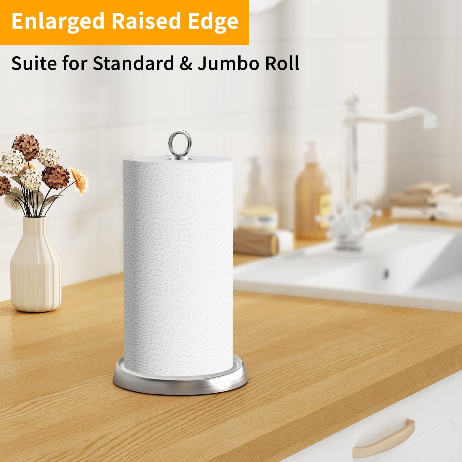 Stainless Steel Paper Towel Holder with Weighted Base - Countertop Towel Stand for Kitchen, Bathroom & Farmhouse Decor - Silver (Perfect for Home, Office & RV Use)