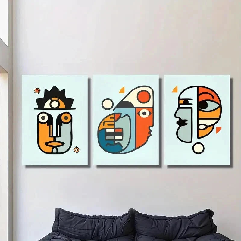 3-Piece Abstract Cartoon Human Face Metal Wall Art Prints - Ready to Hang Modern Home Decor for Living Room, Bedroom & Office