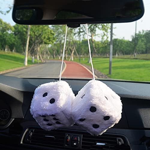 3” Black & White Polka Dot Fuzzy Plush Dice Mirror Hanging Ornament - Soft Car Decor for Rearview Mirror, Bedroom, or Party Decoration