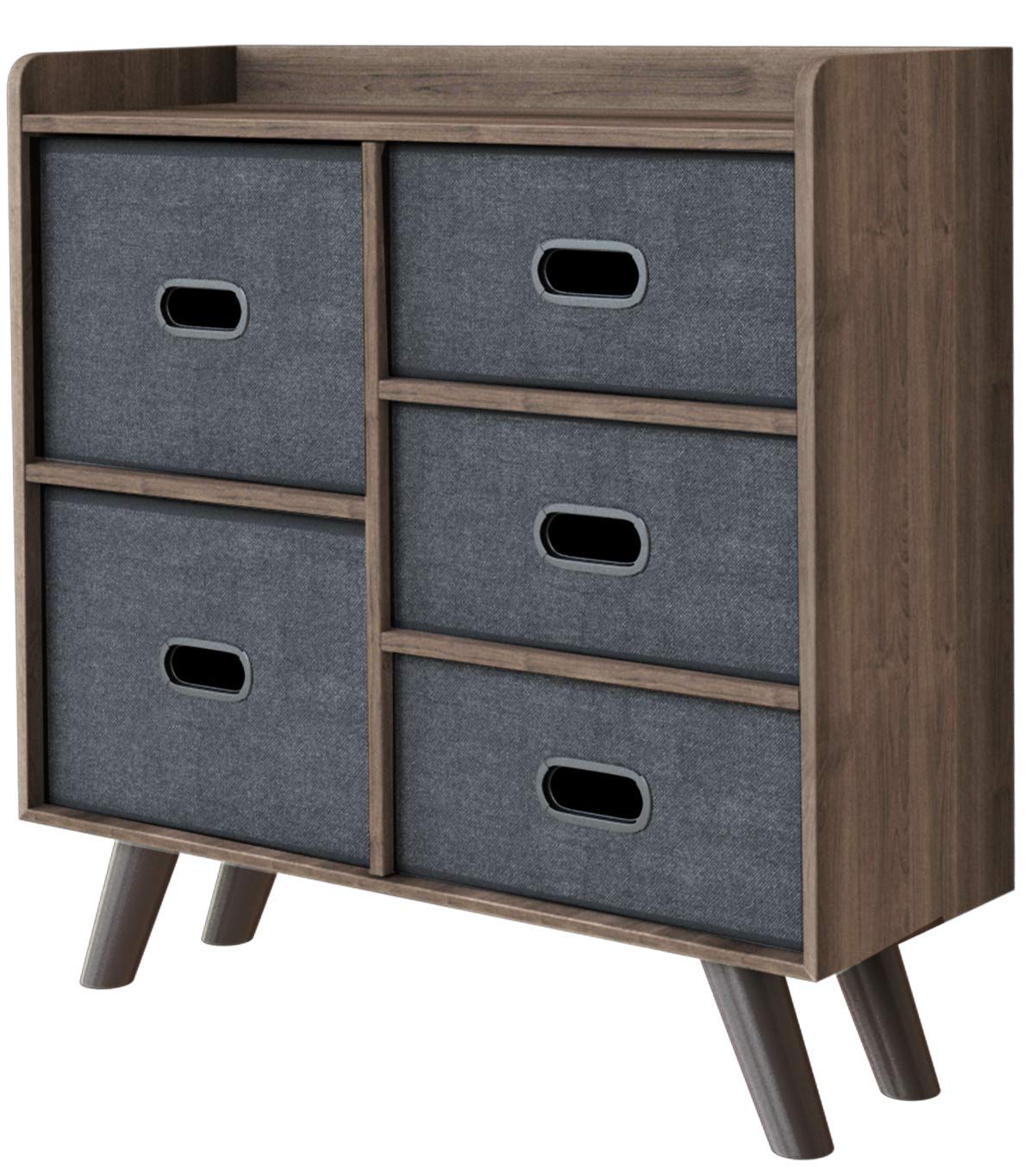 Hooseng 5-Drawer Wooden Dresser Organizer - Rustic Brown Storage Cabinet for Bedroom, Hallway & Living Room - Waterproof Fabric Drawers with High Capacity - Perfect for Clothes, Toys & Home Organization