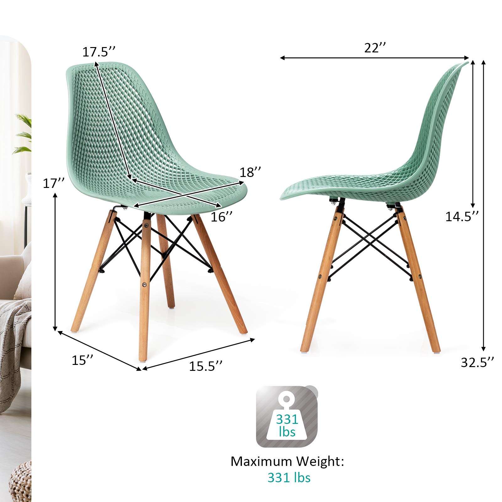 Giantex Set of 2 Modern Dining Chairs - Indoor/Outdoor Shell PP Lounge Side Chairs with Mesh Design & Beech Wood Legs - Tulip Leisure Chairs for Kitchen, Dining Room, Patio, Garden - Green (Perfect for Home, Restaurant, Cafe)