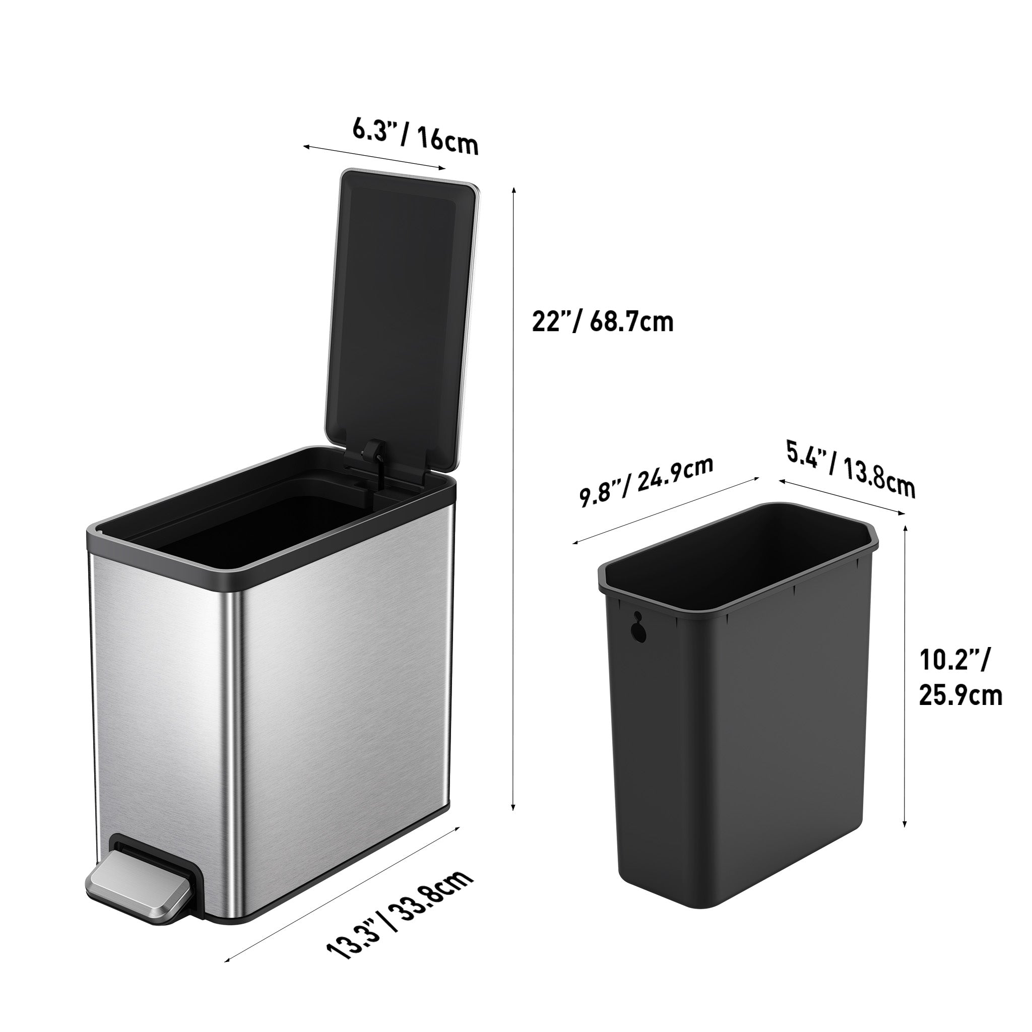 EcoCasa II Slim Step Trash Can with Liner - 6L/1.6 Gallon Matte Stainless Steel Kitchen Waste Bin for Home, Office & Bathroom