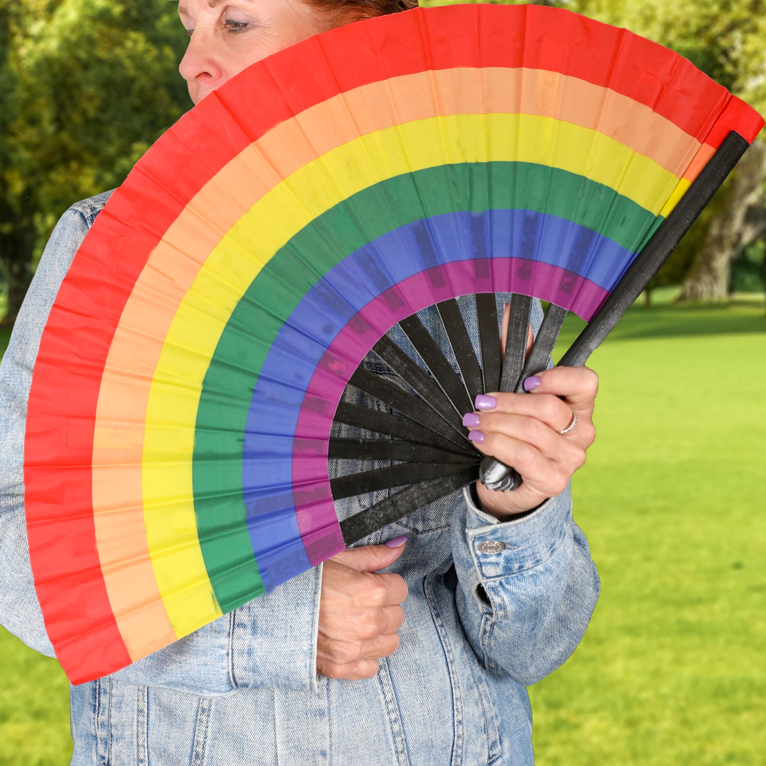 Rainbow Large Black Bamboo and Nylon Hand Fan - Elegant Folding Fan for Women, Wedding, Summer Cooling, Outdoor Events & Home Décor