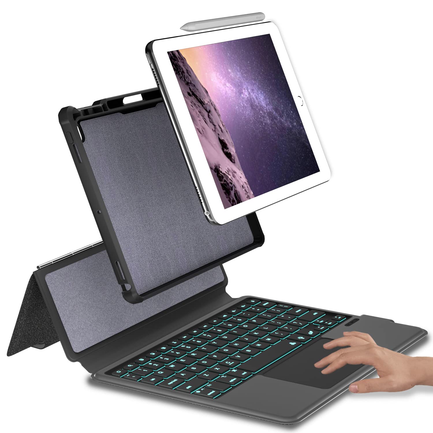 eoso iPad 9.7 Keyboard Case with 7-Color Backlight & Touchpad - Compatible with iPad 6th/5th Gen (2018/2017), iPad Pro 9.7 & iPad Air 2 - Detachable Slim Cover with Pencil Holder (Black) | Perfect for Work, Study & Travel