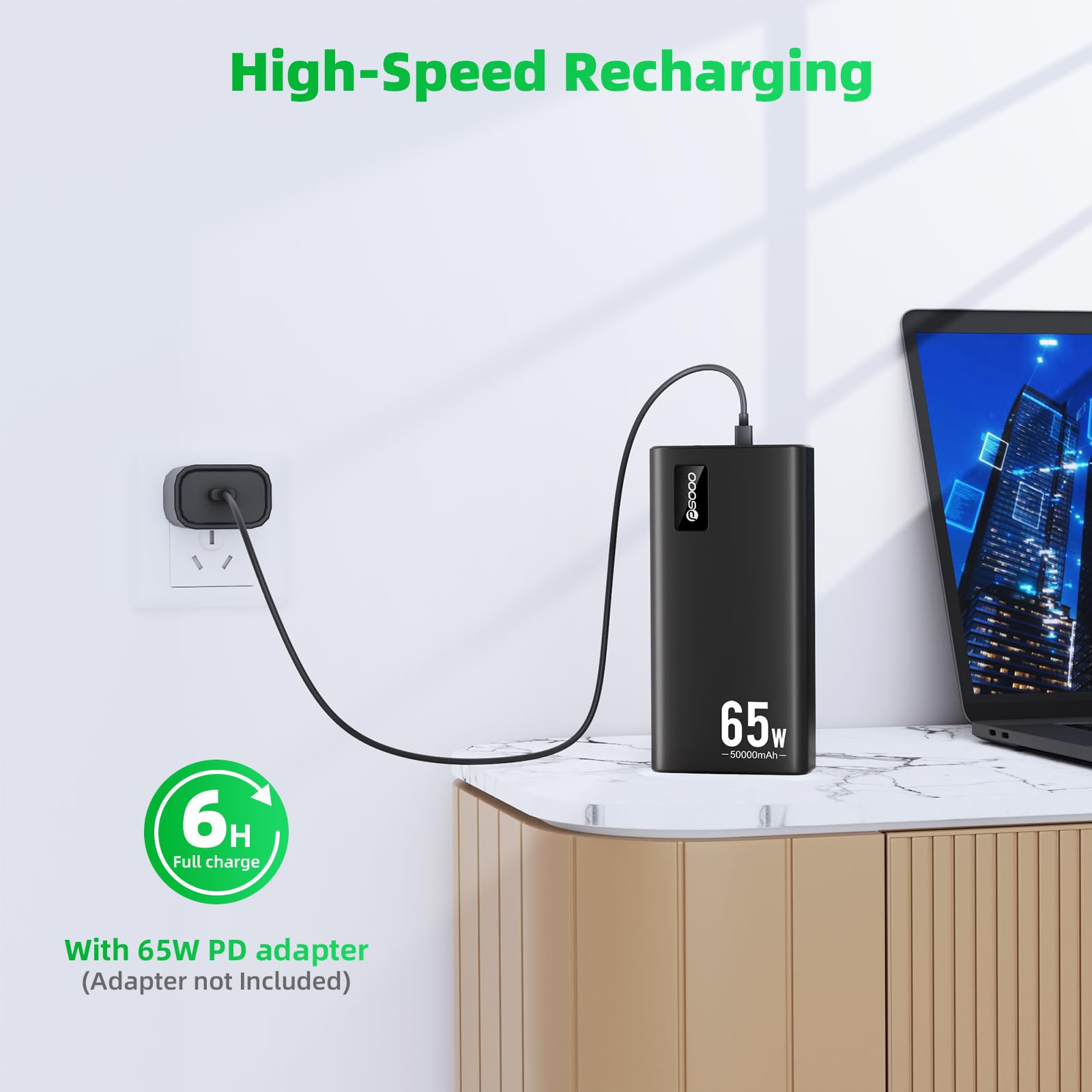 65W 50000mAh PD Fast Charging Power Bank - USB C Portable Laptop Charger Compatible with MacBook, Dell, iPhone 14/13, Tablets & More - 3 Outputs & 1 Input (Black) | Perfect for Travel, Work & Outdoor Adventures