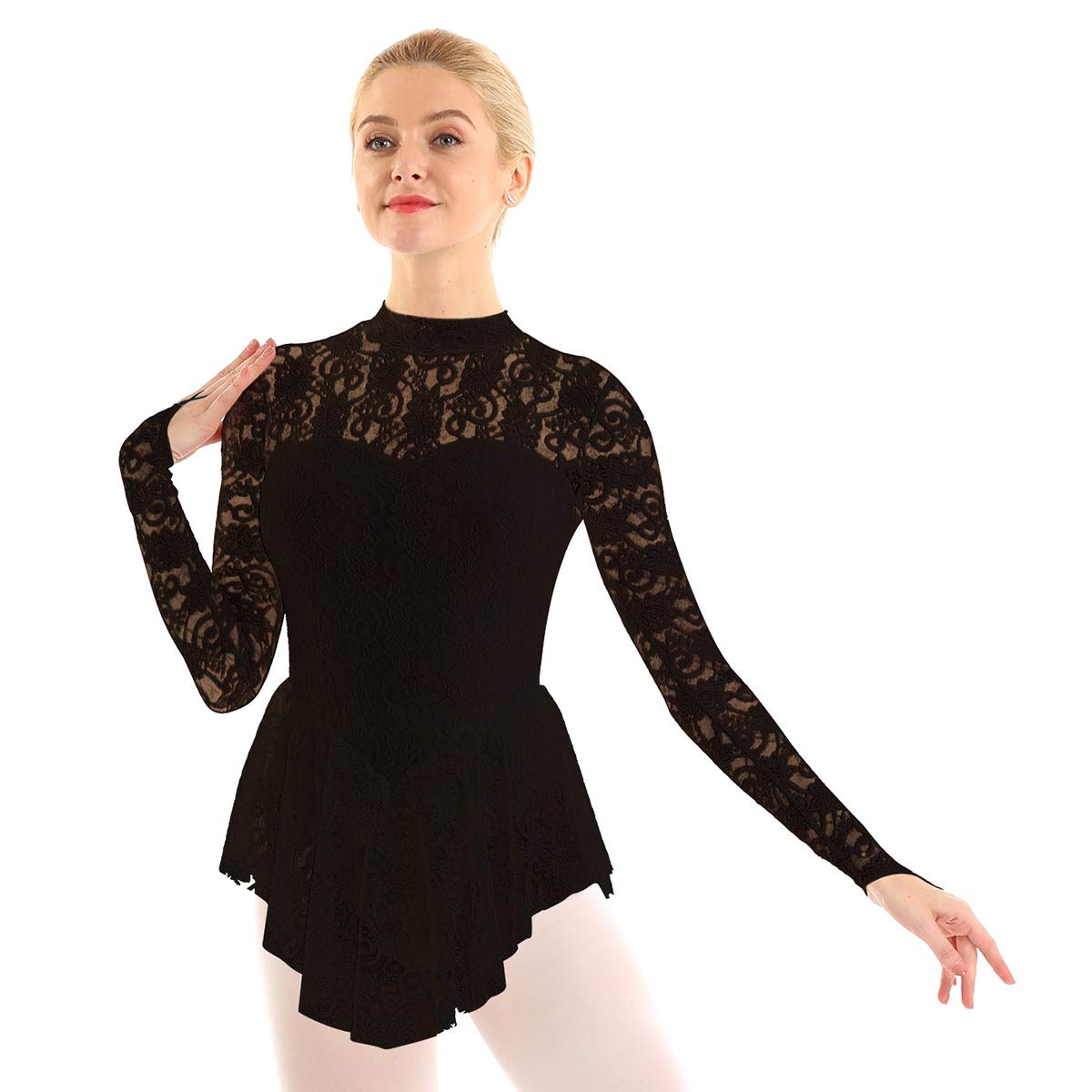 Elegant Women's Floral Lace Ballet Dance Dress with Fingerpoint Sleeves - Figure Skating Leotard for Ballet, Ice Skating & Dance Performances