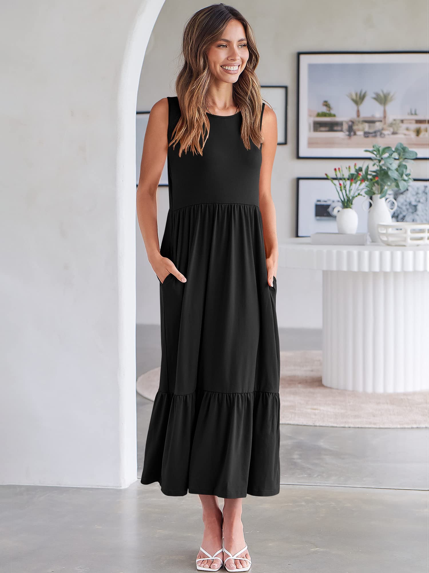 ANRABESS Women's Summer Sleeveless Crewneck Sundress - Flowy A-Line Tiered Maxi Beach Dress for Vacation, Casual Wear & Outdoor Activities