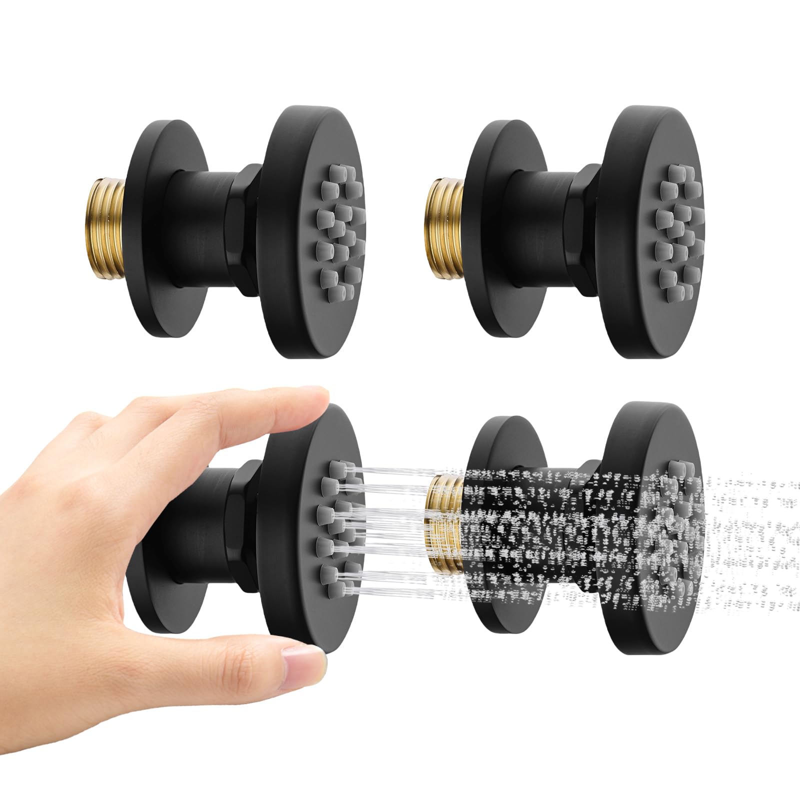 4PCS Matte Black Brass Shower Body Spray Jets with On/Off Flow Control - Round Spa Massage Wall Mounted Side Jets for Relaxing Bath & Shower Experience - Perfect for Home Spa, Bathroom Upgrade & Luxury Shower Systems