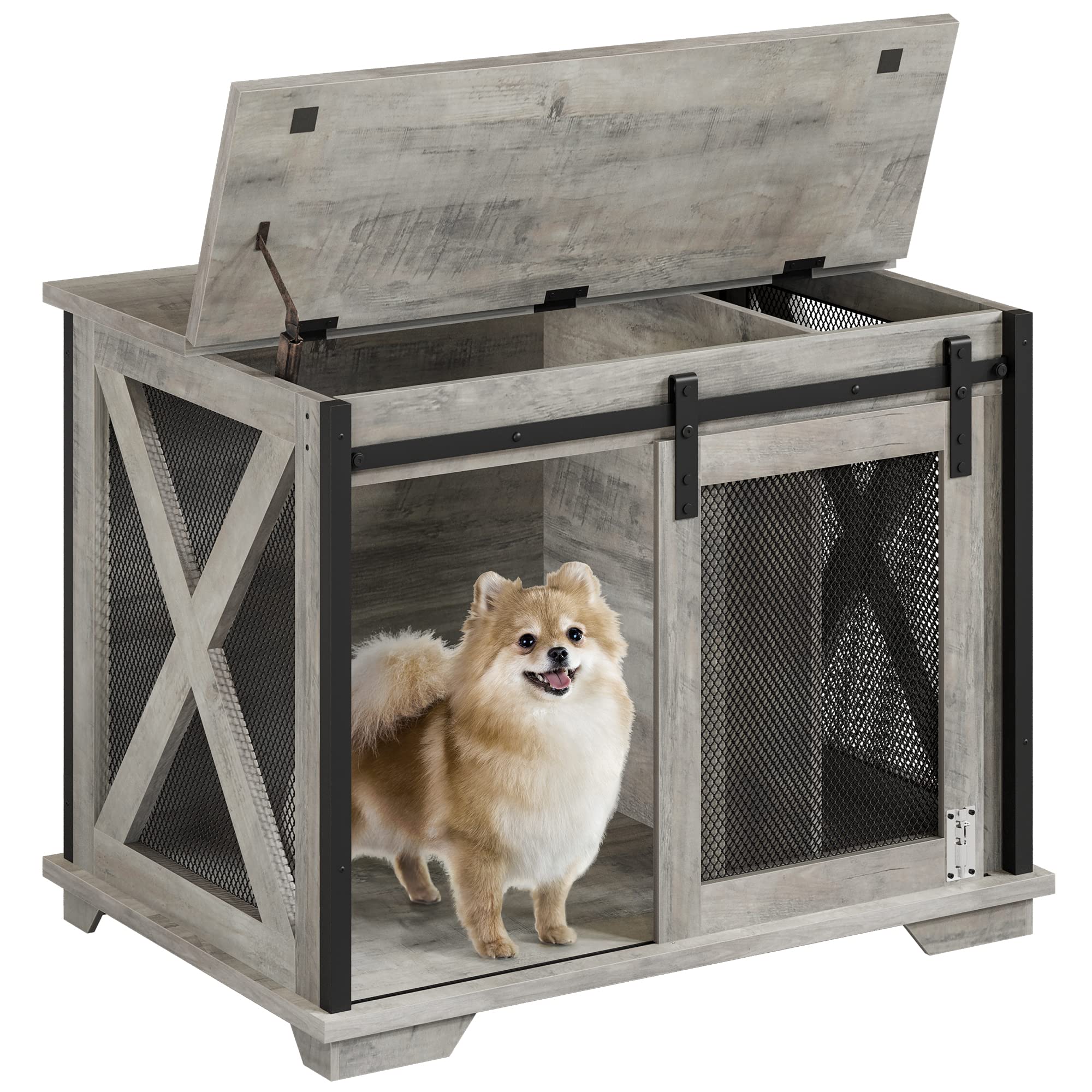 GARVEE 37 Inch Wooden Dog Crate Furniture - Flip Top End Table with Movable Divider, Stylish Large Dog Kennel for Living Room, Bedroom & Office