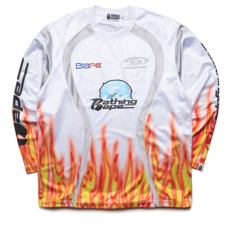 BAPE Flame Pattern Multilogo Football Jersey - Men's White Soccer Shirt for Streetwear & Game Day Outfits