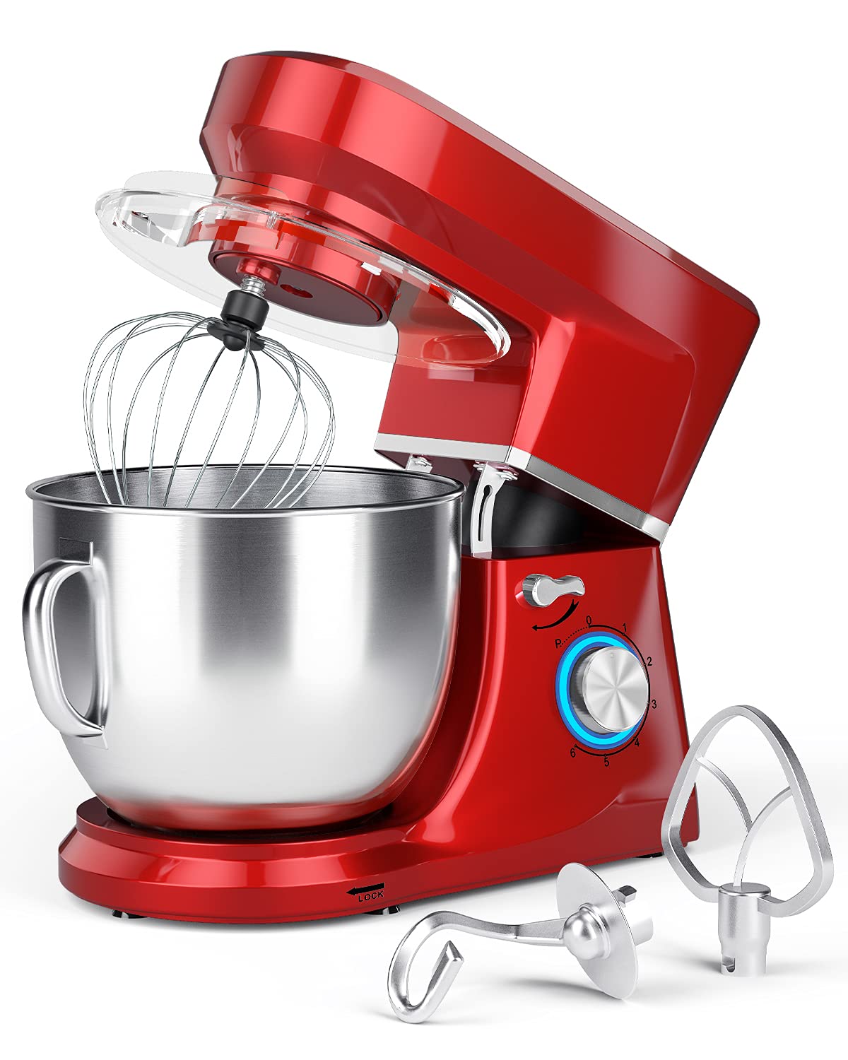 660W Stand Mixer with 6 Speeds & Tilt Head - Includes Stainless Steel Bowl, Dough Hook, Wire Whip, Flat Beater & Splash Guard - Dishwasher Safe - Red - Perfect for Baking Cakes, Cookies, Bread & More
