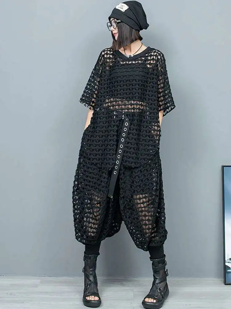 Big Size Mesh T-Shirt & Wide Leg Pants Two-Piece Set - Women's Fashion Round Neck Short Sleeve Outfit for Spring Summer 2025 | Casual Wear, Beach Vacation, Street Style (Style# 1DH6432)