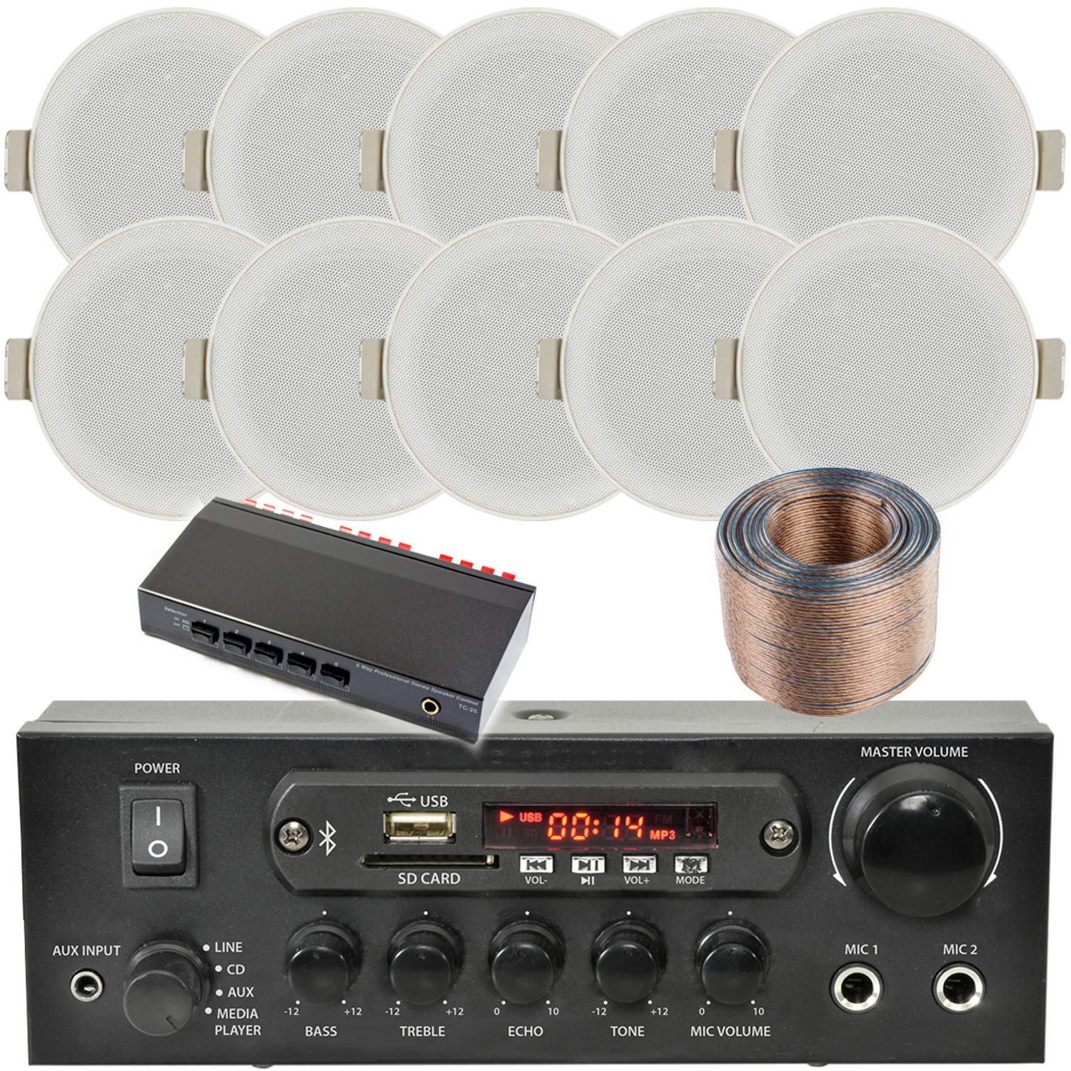 5 Zone Bluetooth Ceiling Speaker System - Stereo Amplifier & 10x Slim HiFi In-Ceiling Speakers - Wireless Background Music for Home, Café, Restaurant, Bar, Retail Store & Office Use
