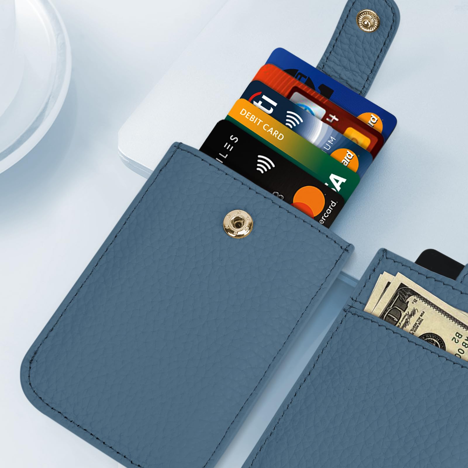 Unaone Slim Minimalist RFID Blocking Wallet - Soft Leather Pull-Out Card Organizer for Men & Women | Credit Card Holder with Front Pocket Design (Blue) | Perfect for Travel, Work & Everyday Carry