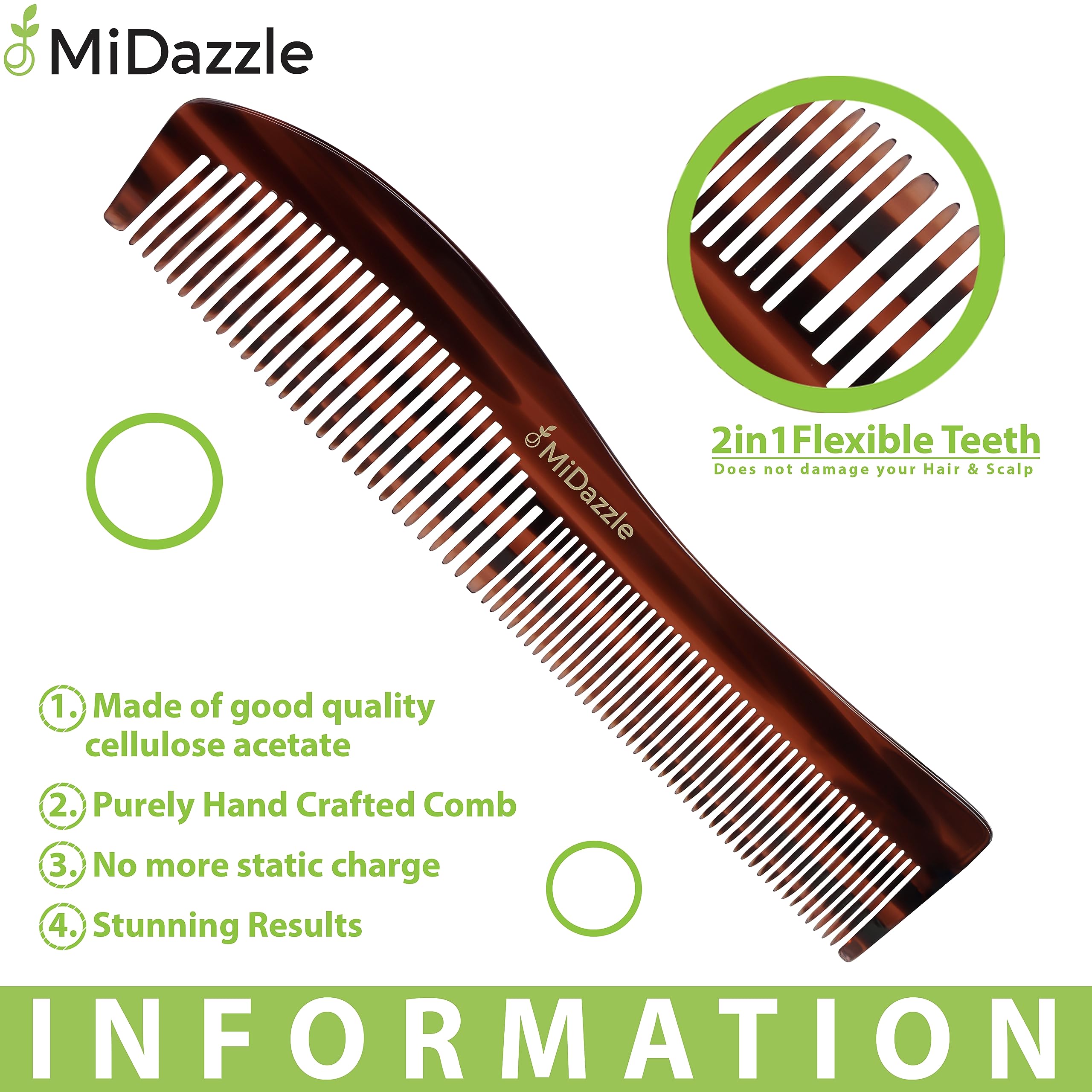 Midazzle Handmade Wide Tooth Comb for Men & Women - Natural Wood Detangling Hair Comb for Thick, Curly & Wet Hair - Perfect for Daily Styling & Salon Use (MIHC2204)
