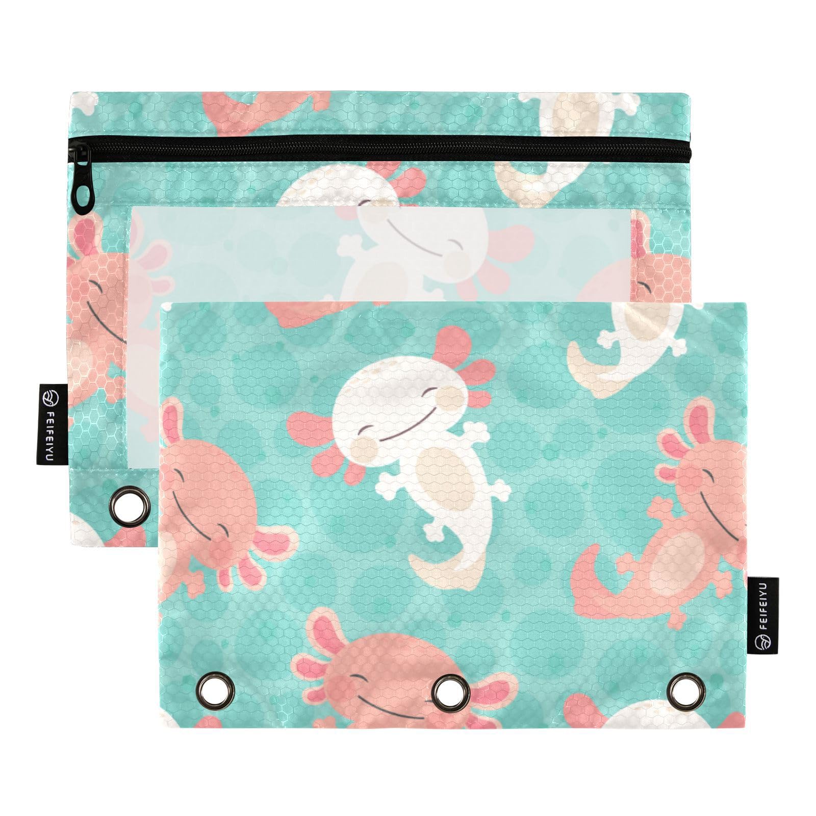 Kawaii Axolotl Green Zipper Pencil Pouch 2-Pack - 3-Ring Binder Organizer for School & Office Supplies - Cute Stationery Case for Notebooks, Folders & Backpacks