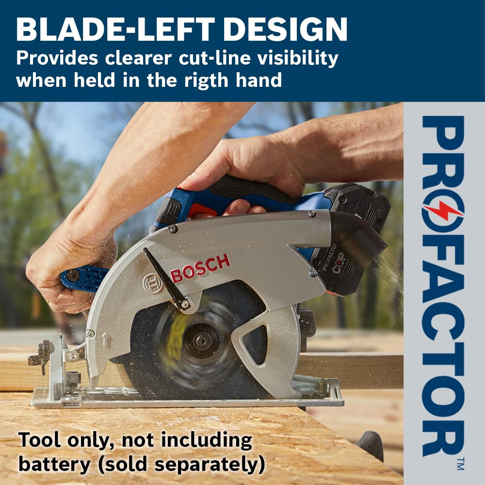 BOSCH GKS18V-26LN PROFACTOR™ 18V Cordless Circular Saw - 7-1/4 Inch Left-Blade, Bare Tool - Perfect for Woodworking, Framing, and DIY Projects