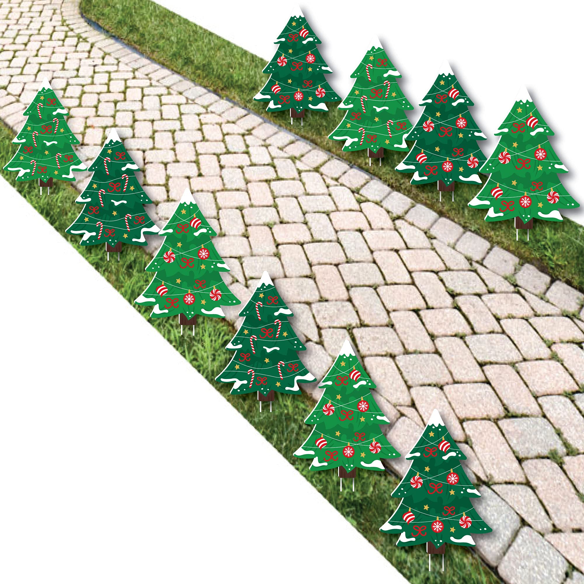 Big Dot of Happiness Snowy Christmas Trees - Classic Outdoor Holiday Lawn Decorations for Christmas Party & Yard Decor - 10 Piece Set - Perfect for Front Yard, Garden, and Festive Seasonal Displays