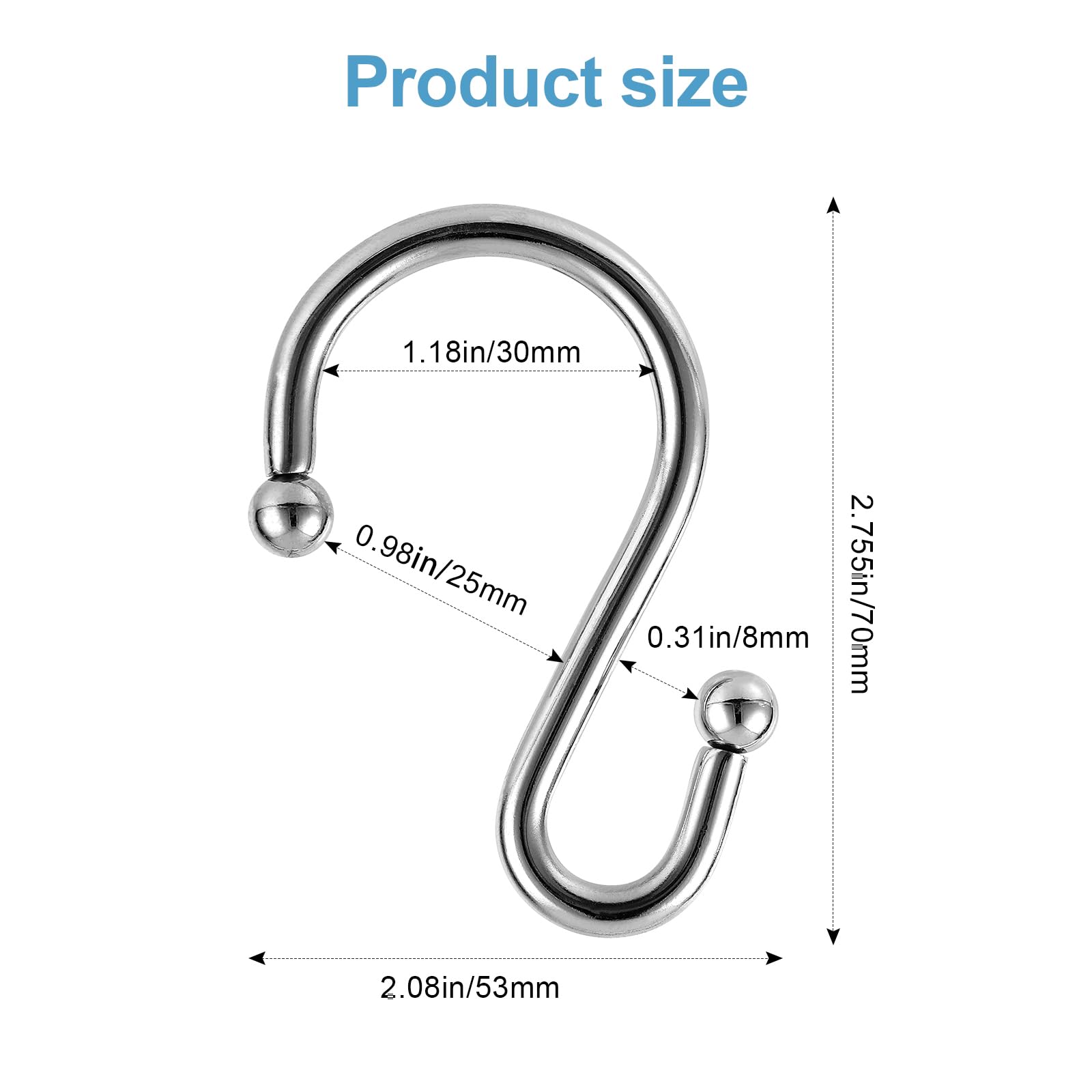 Premium 304 Stainless Steel S-Shaped Shower Curtain Hooks - Rustproof Bathroom & Kitchen Hooks for Curtains, Utensils & Clothes - Durable & Easy to Install (Set of 12, Chrome Finish) - Perfect for Bathroom Organization & Space-Saving Storage