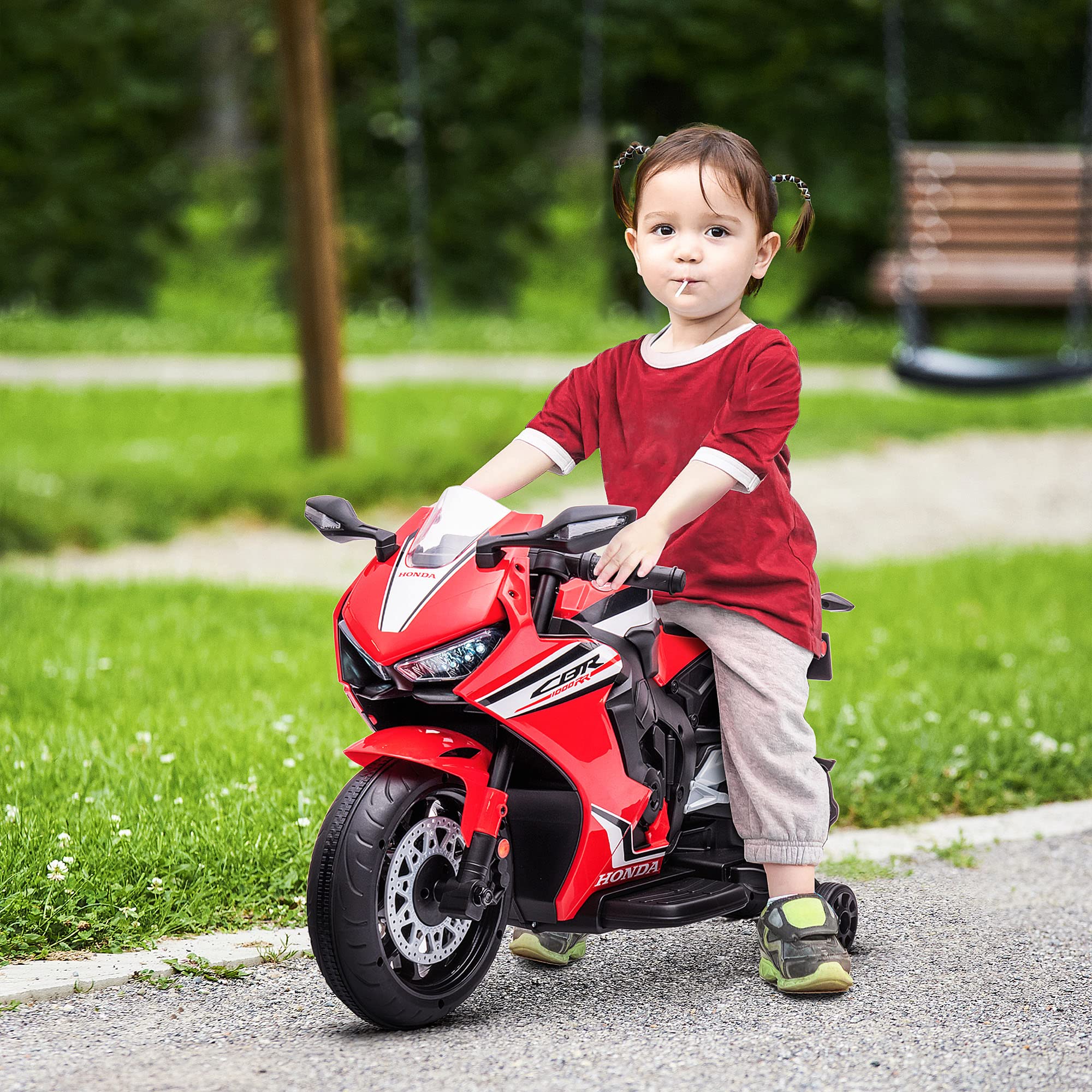 HOMCOM Licensed Honda-Style Electric Motorcycle for Kids 3-5 Years | 6V Battery-Powered Ride-On Toy with Headlight, Horn, Music & Removable Training Wheels | 30kg Weight Capacity 90x44x52cm | Red | Perfect for Birthday Gifts, Outdoor Play & Early Riding Skills Development