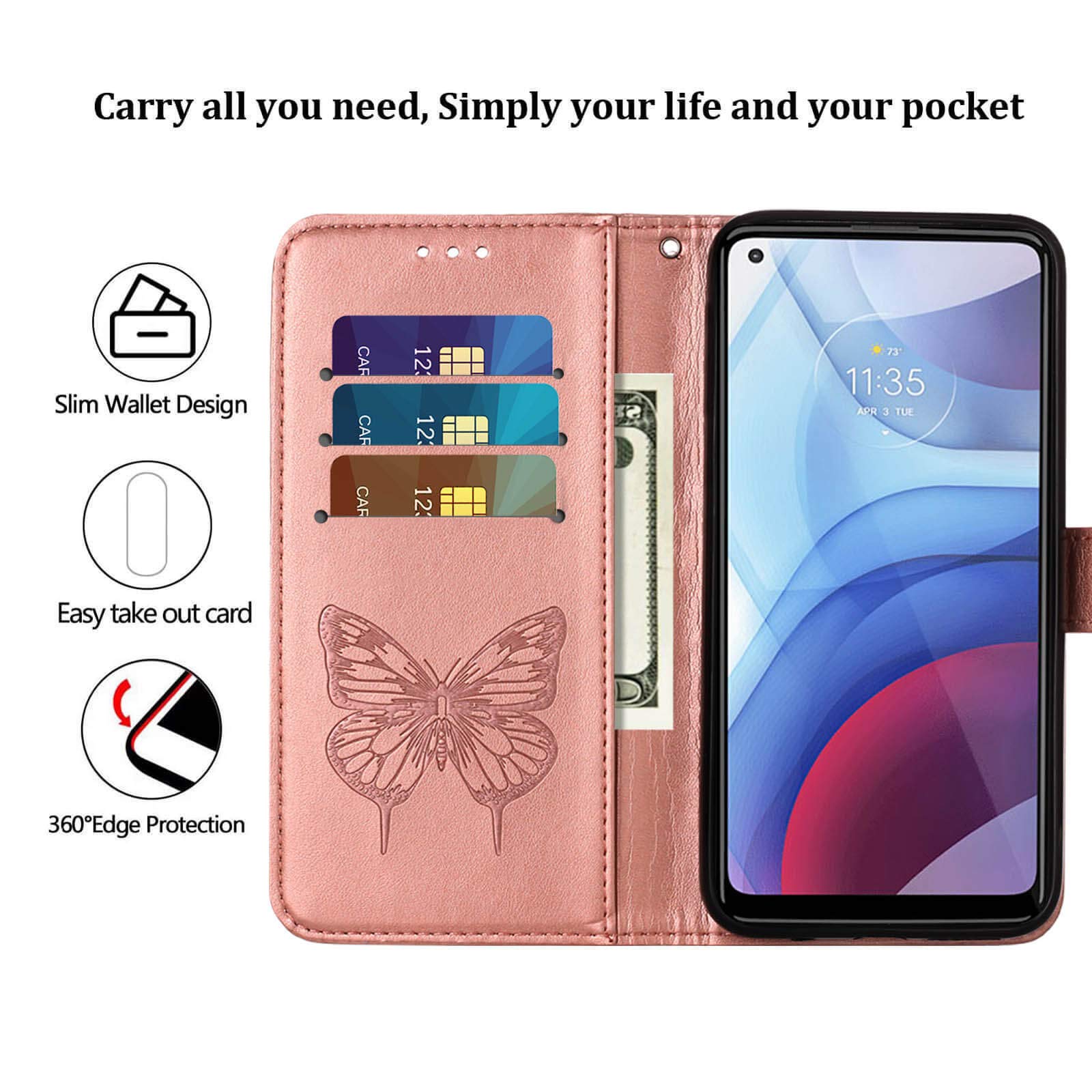 Premium Leather Wallet Phone Case for Moto G Power 2021 - Floral Embossed Butterfly Design with Wrist Strap, Card Holder & Kickstand (Rose Gold) | Protective Flip Cover for Everyday Use & Travel