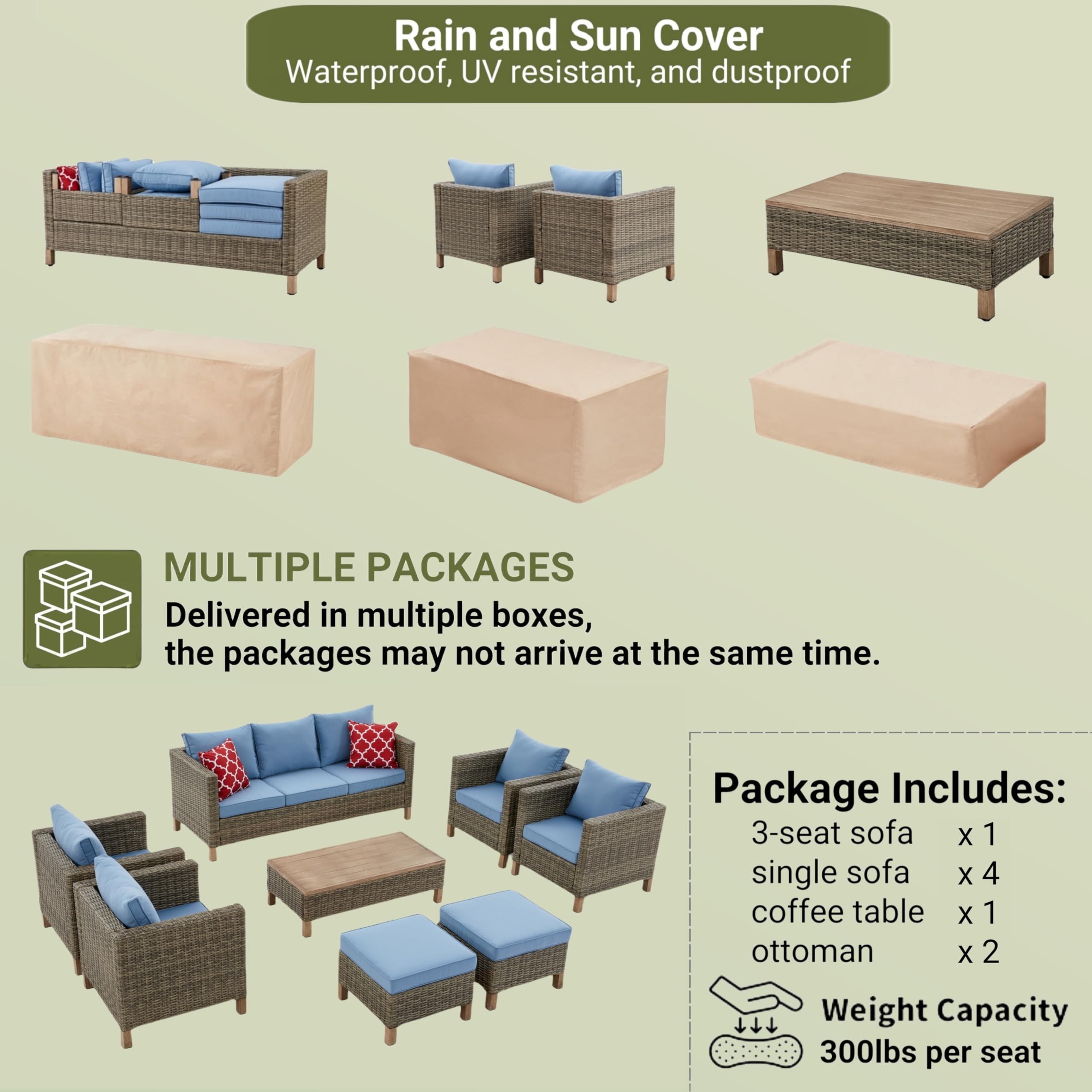 8-Piece All-Weather Outdoor Patio Furniture Set with Metal Coffee Table - Wicker Rattan Sectional Sofa Conversation Set for Porch, Poolside, Garden & Backyard - Perfect for Relaxing, Entertaining & Outdoor Dining (Blue)