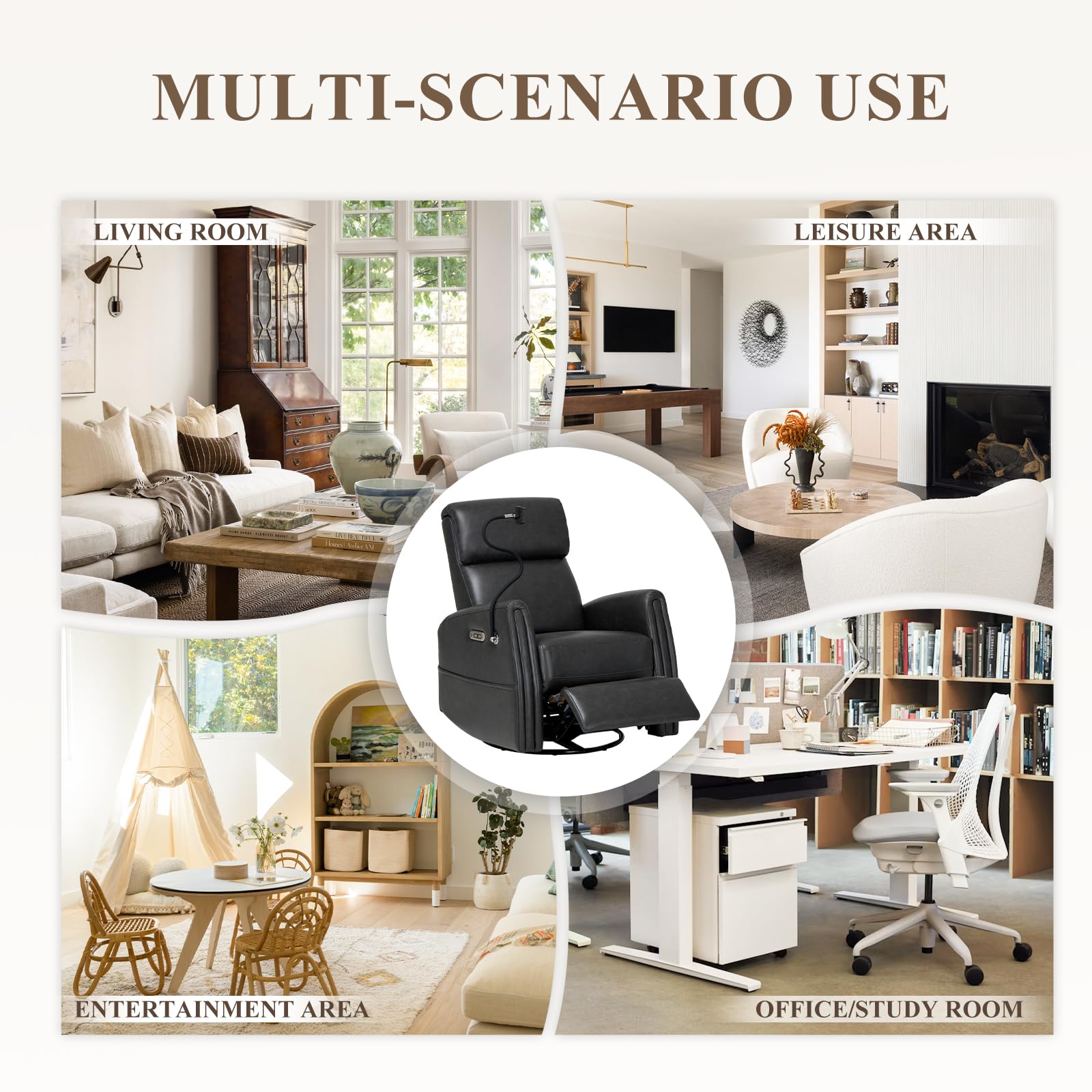 COLAMY Power Swivel Recliner Glider Rocking Chair with USB Charging Ports - Comfortable Nursery Chair for Baby Room, Living Room Accent Armchair & Bedroom Recliner - Charcoal Gray - Perfect for Nursing, Relaxing & Small Space Furniture