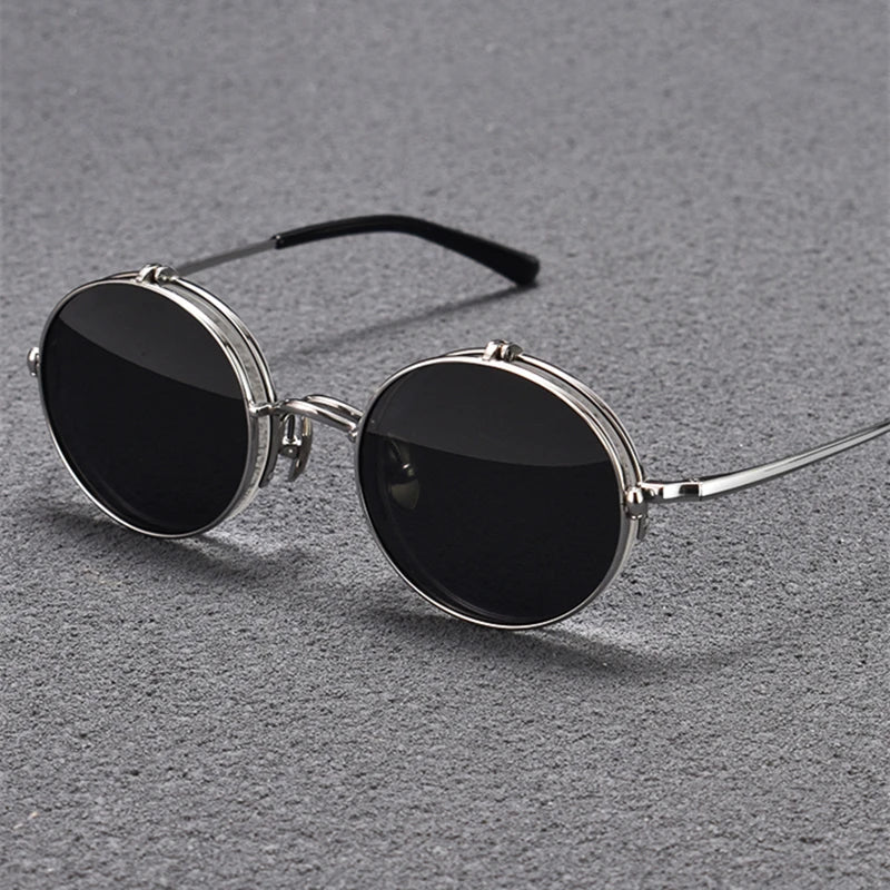 Unisex Black Titanium Semi-Rim Round Flip-Up Polarized Sunglasses K54 - Stylish & Durable for Driving, Outdoor Sports & Fashion