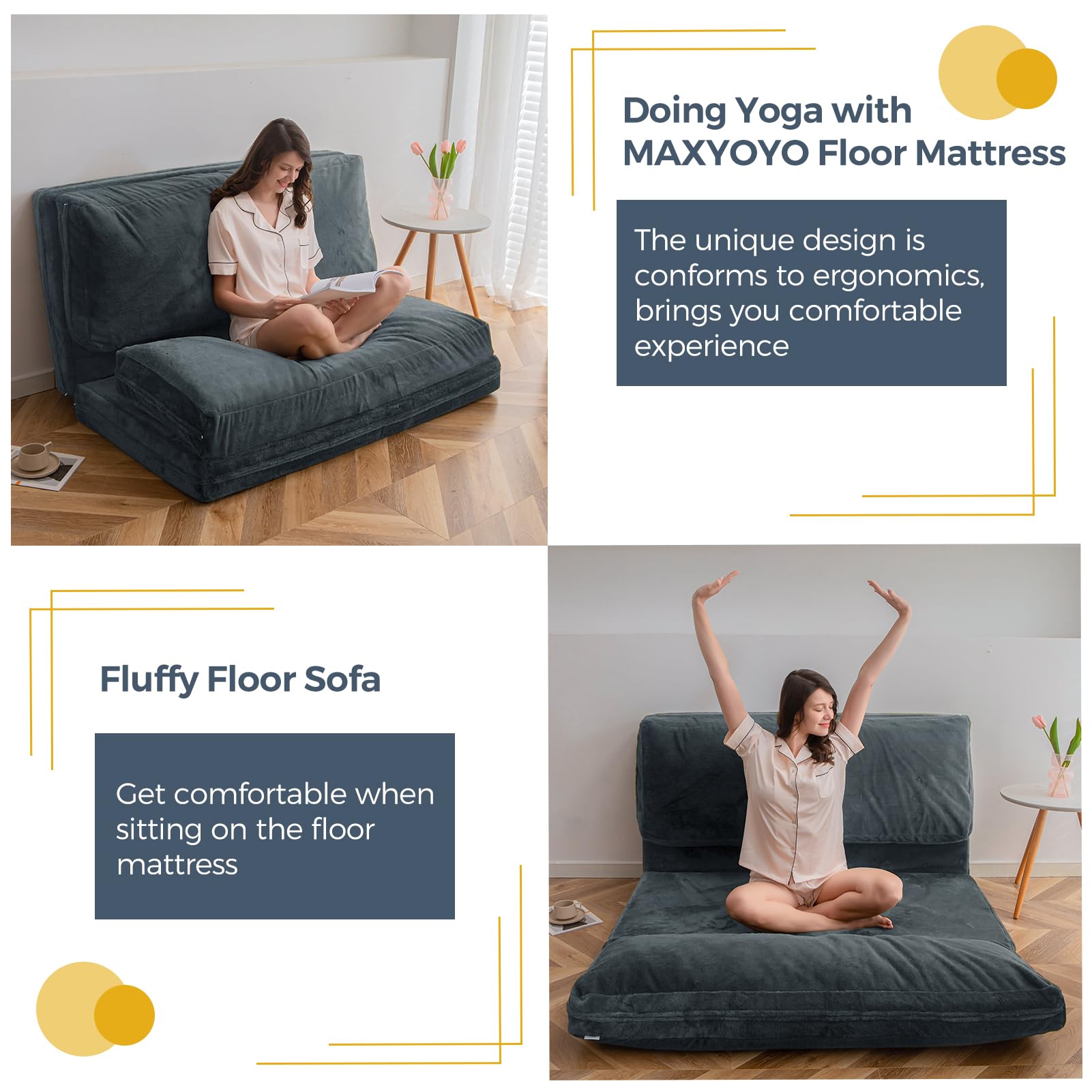 MAXYOYO Extra Thick Folding Bean Bag Sofa Bed - 54x95 Inch Large Floor Mattress for Adults with Washable Faux Fur Cover, Dusty Blue - Perfect for Bedroom, Living Room, Dorm & Guest Room - Versatile as Floor Couch, Lounger or Temporary Guest Bed