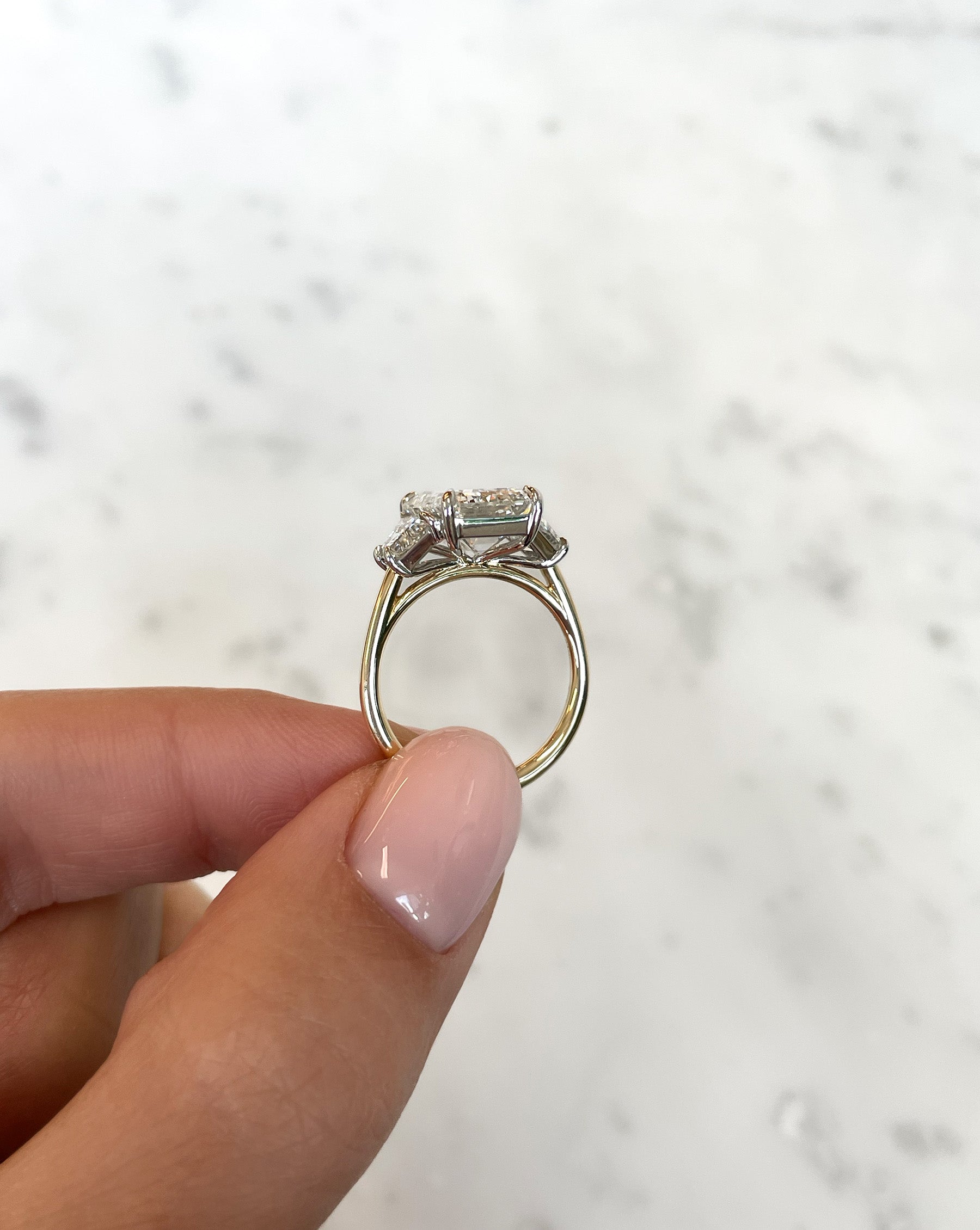 4.55 Carat Lab Grown Emerald Whisper Thin® Three Stone Ring with Trapezoid Side Stones - Elegant Engagement & Anniversary Jewelry Gift