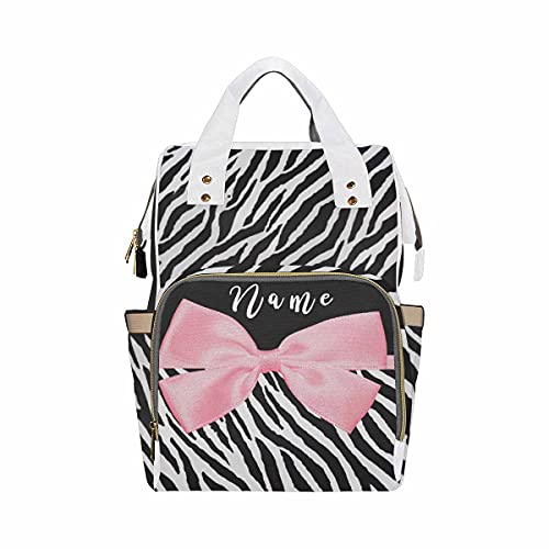 Custom Zebra Print Diaper Backpack with Pink Bow - Personalized Text School Bag for Nursing & Travel - Stylish Unisex Baby Bag for Men & Women | Perfect for Daycare, Outings & Family Trips