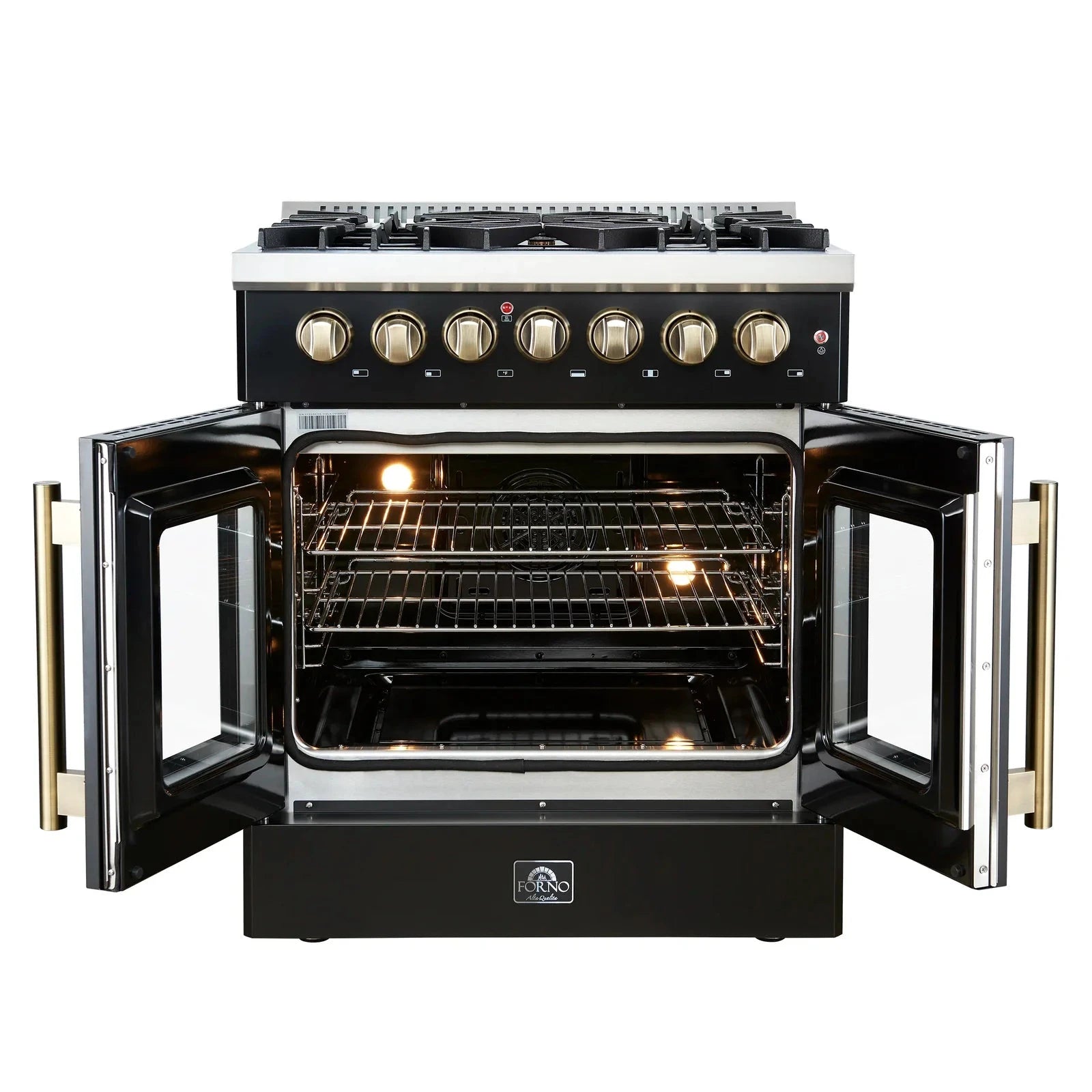 Forno Galiano 30-Inch French Door Dual Fuel Range with 5 Gas Burners & Electric Convection Oven - Black Finish with Antique Brass Trim (Model FFSGS6356 30BLK) - Perfect for Gourmet Cooking, Entertaining & Modern Kitchens