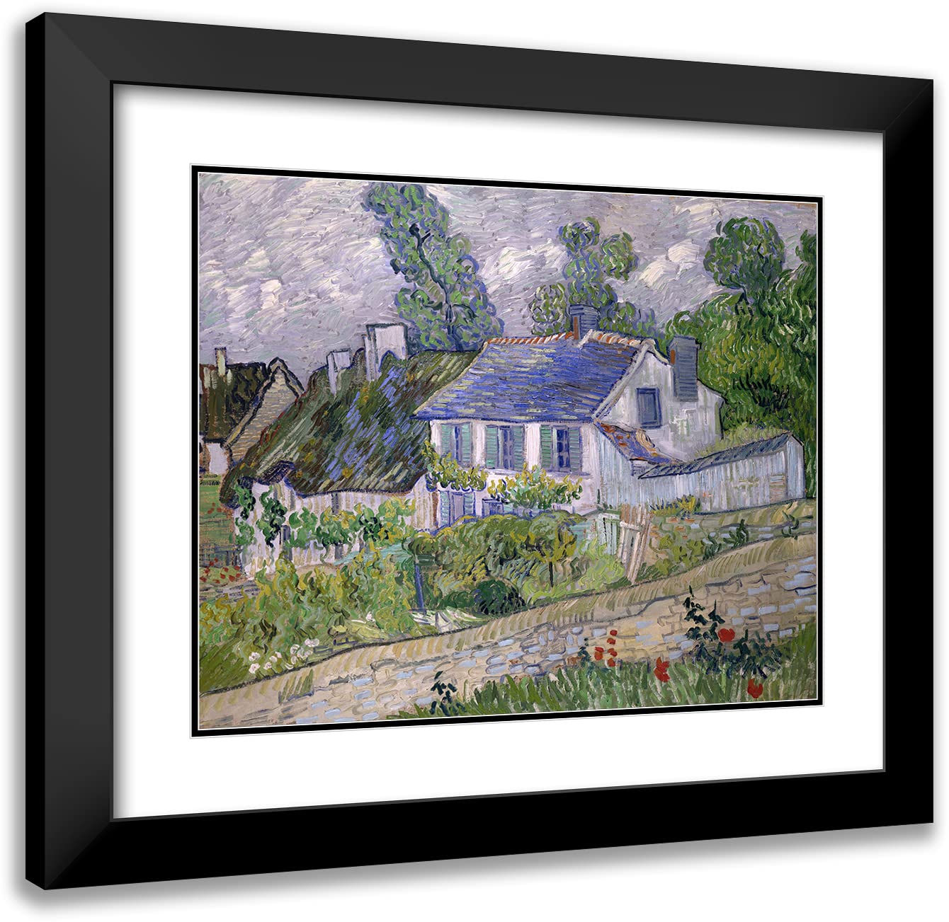 Vincent van Gogh 'Houses at Auvers' 18x15 Inch Framed Art Print - Black Modern Frame with Double Matting | Museum Quality Wall Decor for Living Room, Office & Bedroom