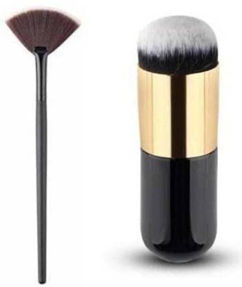 SUNISA Black Slim Fan Makeup Highlighter Brush & Mini Foundation Brush Set - 2-Piece Professional Cosmetic Brushes for Women & Girls | Perfect for Contouring, Highlighting & Liquid Foundation Application