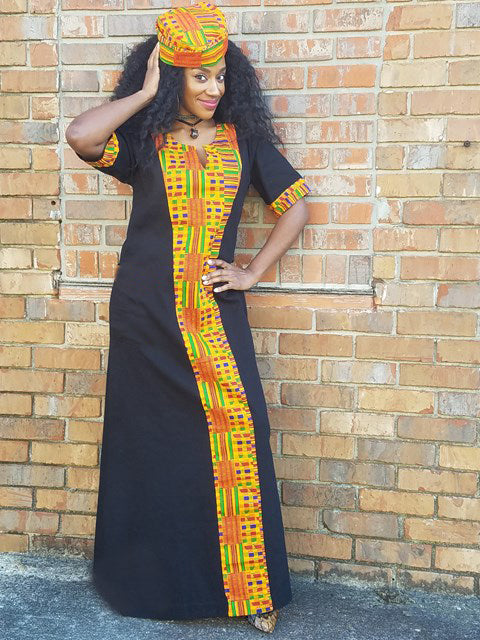 Black Cotton Dress with Kente Trim DP3227BP1 - Elegant African-Inspired Women's Fashion for Parties, Weddings & Cultural Events