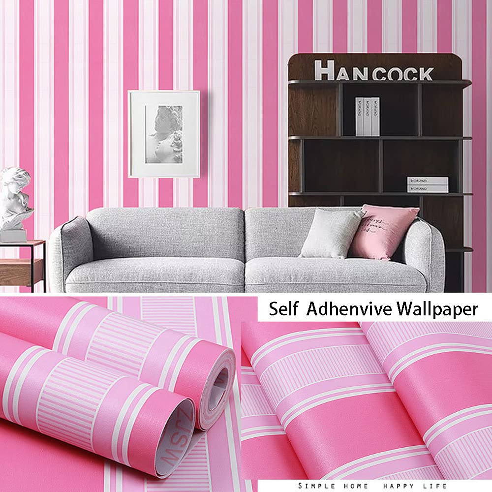 PoetryHome Self-Adhesive Vinyl Wallpaper - Rose & Pink Stripe Peel and Stick Shelf Liner for Walls, Nursery, Girls Bedroom, Cabinets, Dresser Drawers | Removable Waterproof Decal (17.7x117 Inches) | Perfect for DIY Home Decor, Furniture Upcycling & Kids Room Makeover
