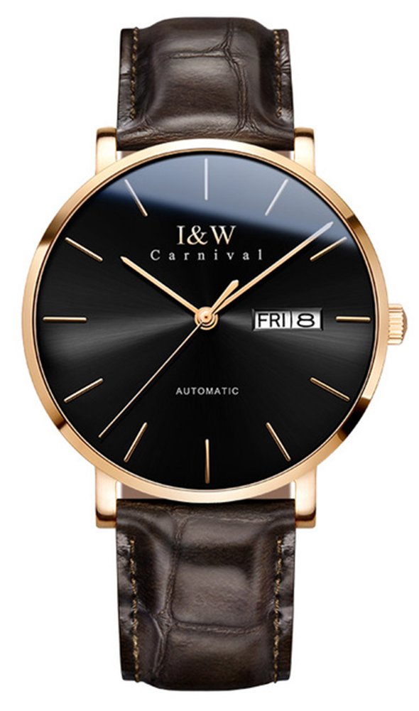 MASTOP Ultra-Thin Automatic Men's Watch with Sapphire Glass, Date Display & Waterproof - Genuine Brown Leather Strap - Perfect for Business, Casual & Formal Occasions