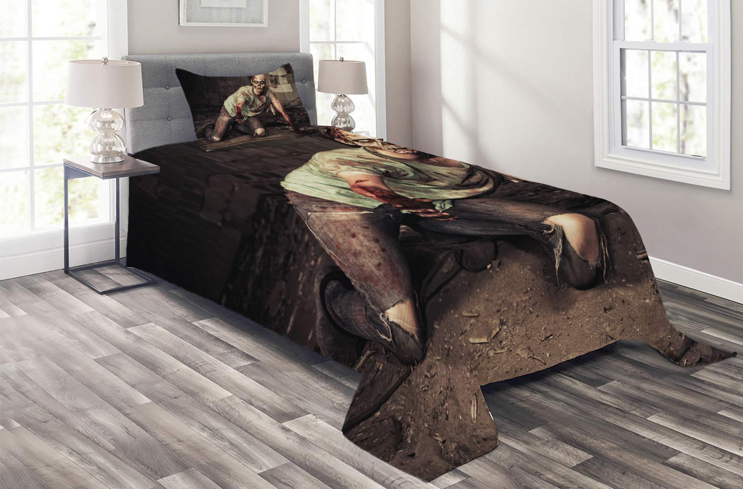 Ambesonne Zombie Quilt Set - Halloween Scary Dead Man in Old Building with Bloody Head Nightmare Theme - 2 Piece Twin Size Grey Mint Peach Bedspread with Pillow Sham - Perfect for Halloween Decor, Horror Themed Bedroom & Spooky Gift Ideas