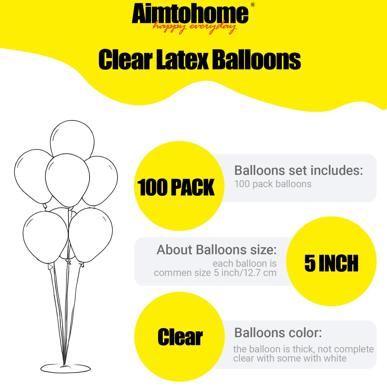 100 Pack 5 Inch Clear Transparent Latex Balloons for Party Decorations, Birthday, Wedding, Baby Shower & Holiday Celebrations