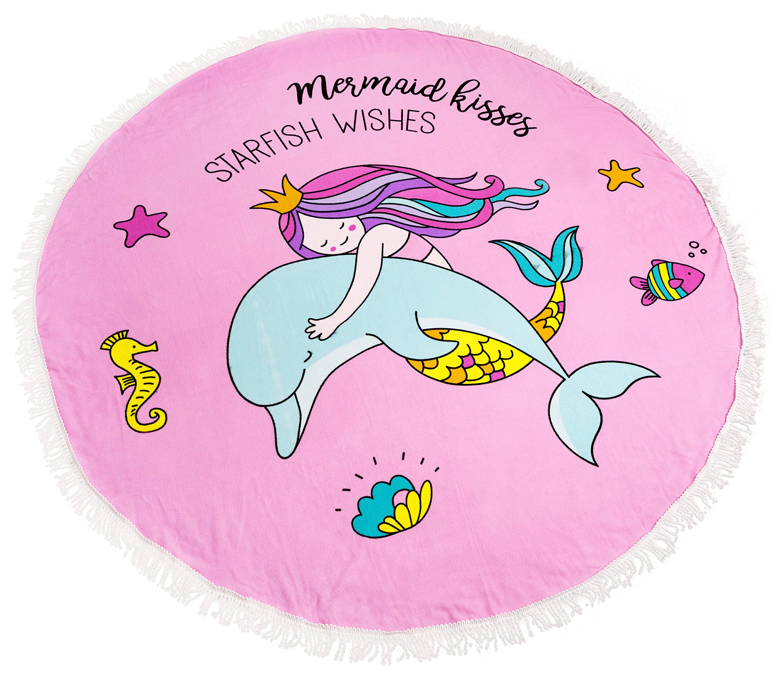 Mermaid Kisses Starfish Wishes 5 ft Round Ultra Soft & Absorbent Microfiber Beach Towel Blanket with Tassels - Perfect for Beach, Pool, Picnic, Yoga & Outdoor Activities