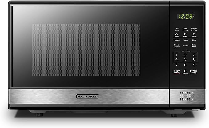 EM031MB11 1000W Digital Microwave Oven with Turntable - 1.1 Cu.ft Capacity, Push Button Door & Child Safety Lock - Black Stainless Steel for Kitchen, Dorm & Office Use