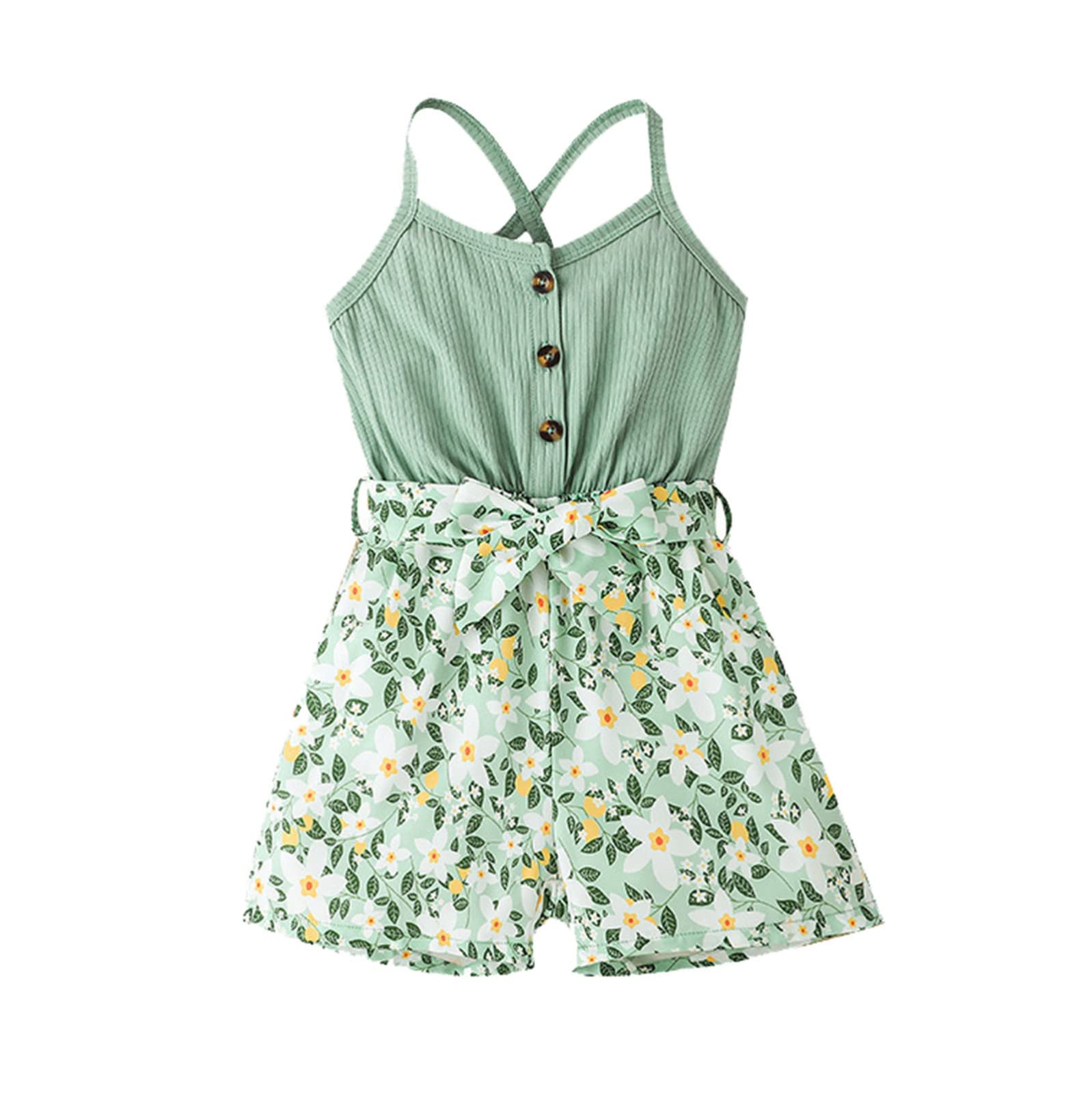 Toddler Girls Floral Print Sleeveless Romper Jumpsuit with Suspenders - Green, Size 5-6 Years | Perfect for Summer Playdates, Beach Outings & Photoshoots