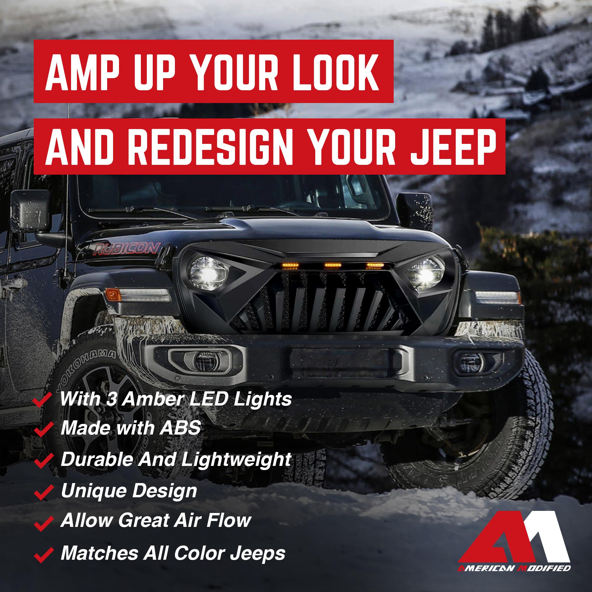 Jeep Goliath Grille with LED Amber Lights - Compatible with 2018+ Wrangler JL & 2020+ Gladiator JT (No TrailCam) - Matte Black | Off-Road Upgrade for Jeep Enthusiasts