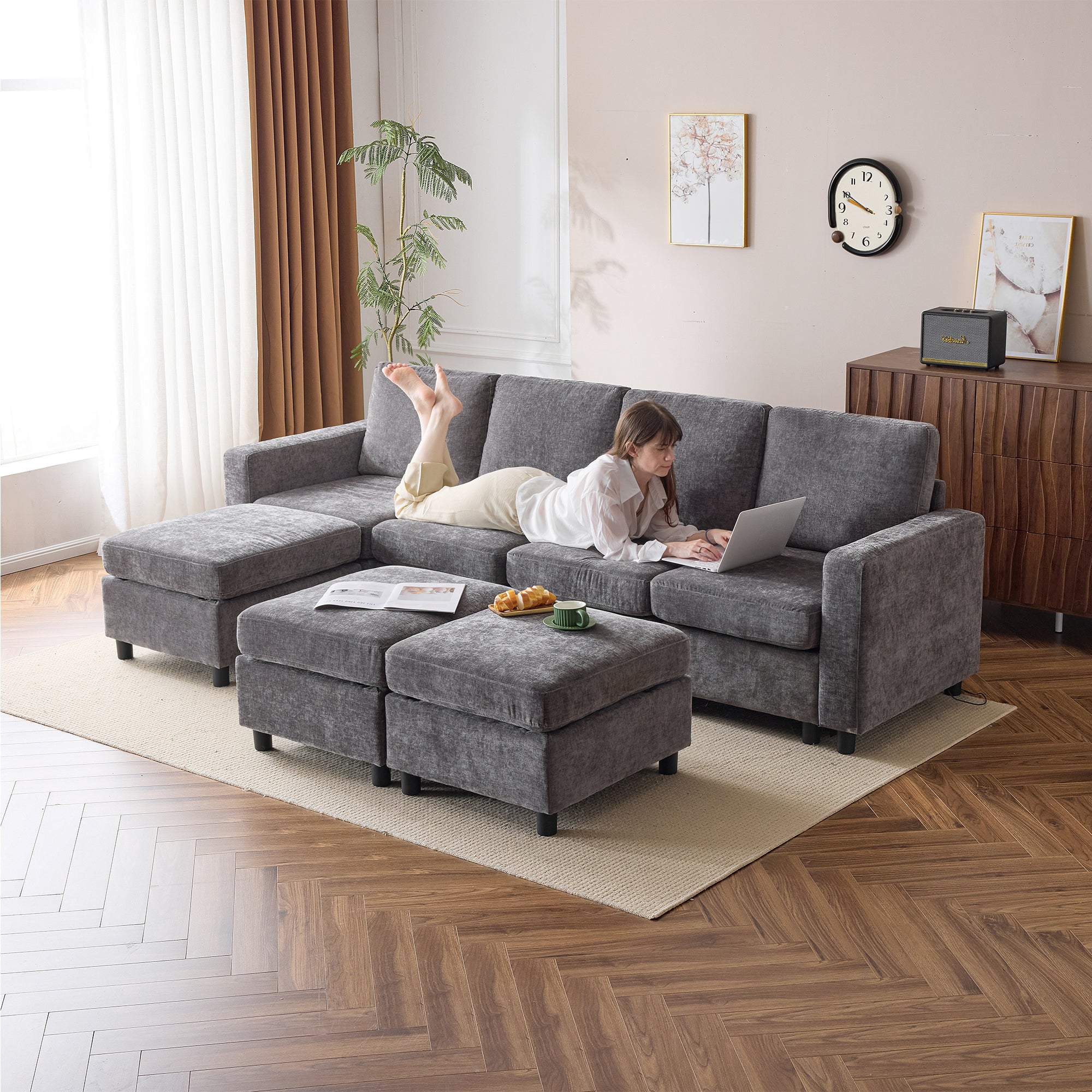 Erommy 6-Piece Modular Sectional Sofa with Storage, Dark Gray - 4 Single Seats & 2 Ottomans for Living Room, Family Room or Home Theater Comfortable Seating