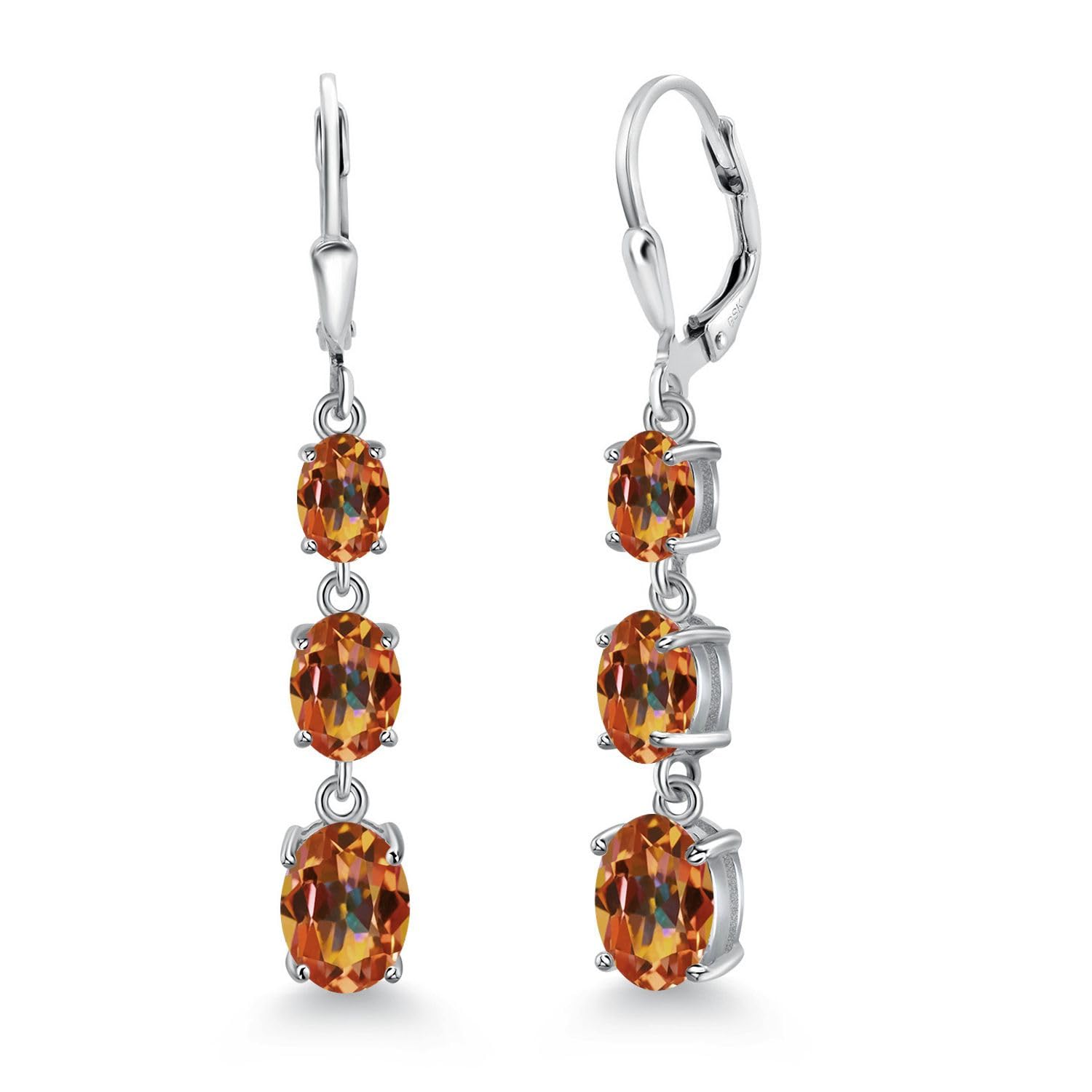 Gem Stone King 3-Stone Leverback Drop Dangle Earrings for Women - 925 Sterling Silver Birthstone Jewelry | Oval 8x6mm, 7x5mm & 6x4mm Gemstones | Elegant Gift for Mom, Wife, Her | Perfect for Weddings, Anniversaries & Special Occasions