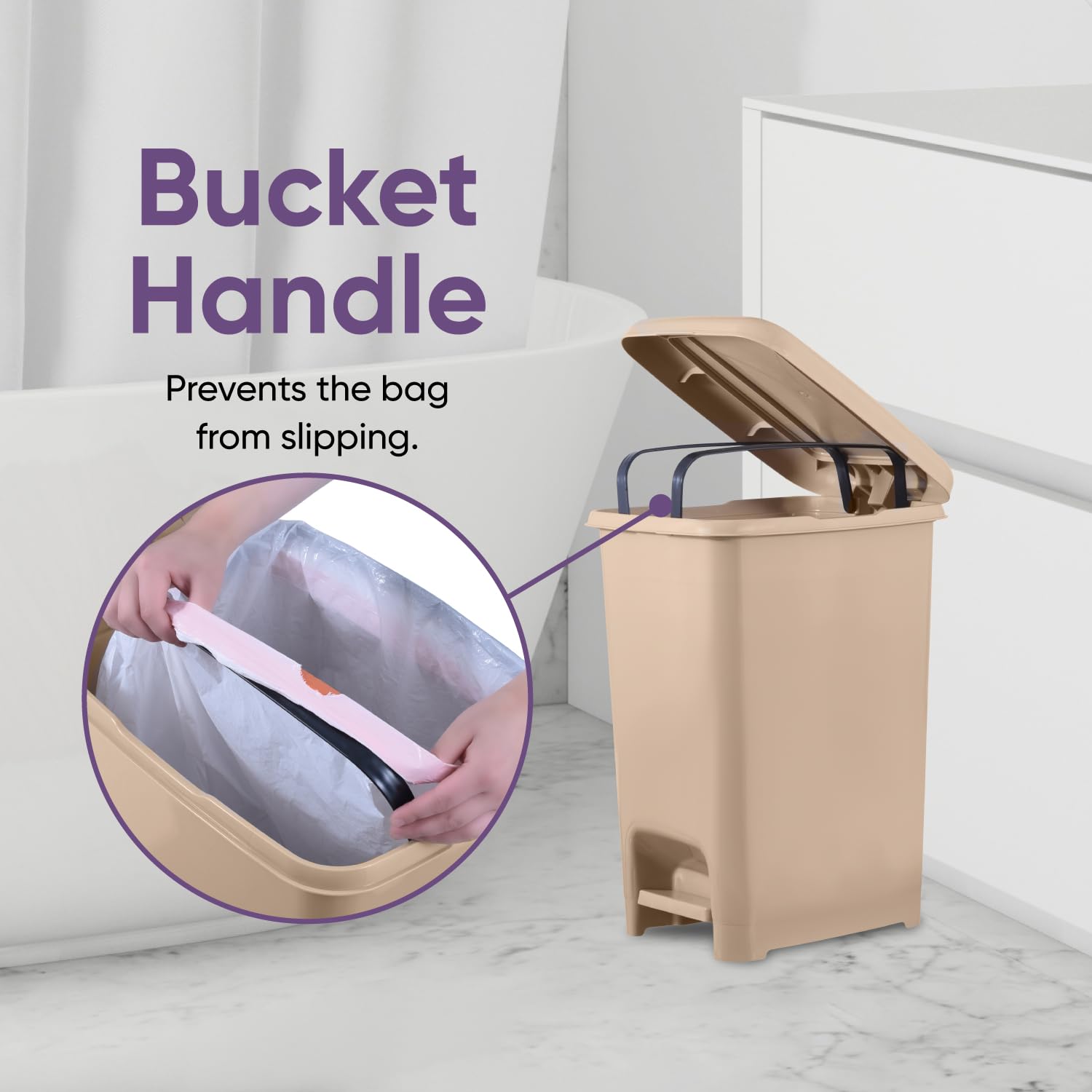 Superio 4 Gallon Slim Step-On Trash Can with Lid - Small Plastic Garbage Bin for Bathroom, Bedroom, Kitchen, Office, RV, Dorm & Patio - Hands-Free Foot Pedal Design - Perfect for Tight Spaces & Hygienic Waste Disposal - Beige