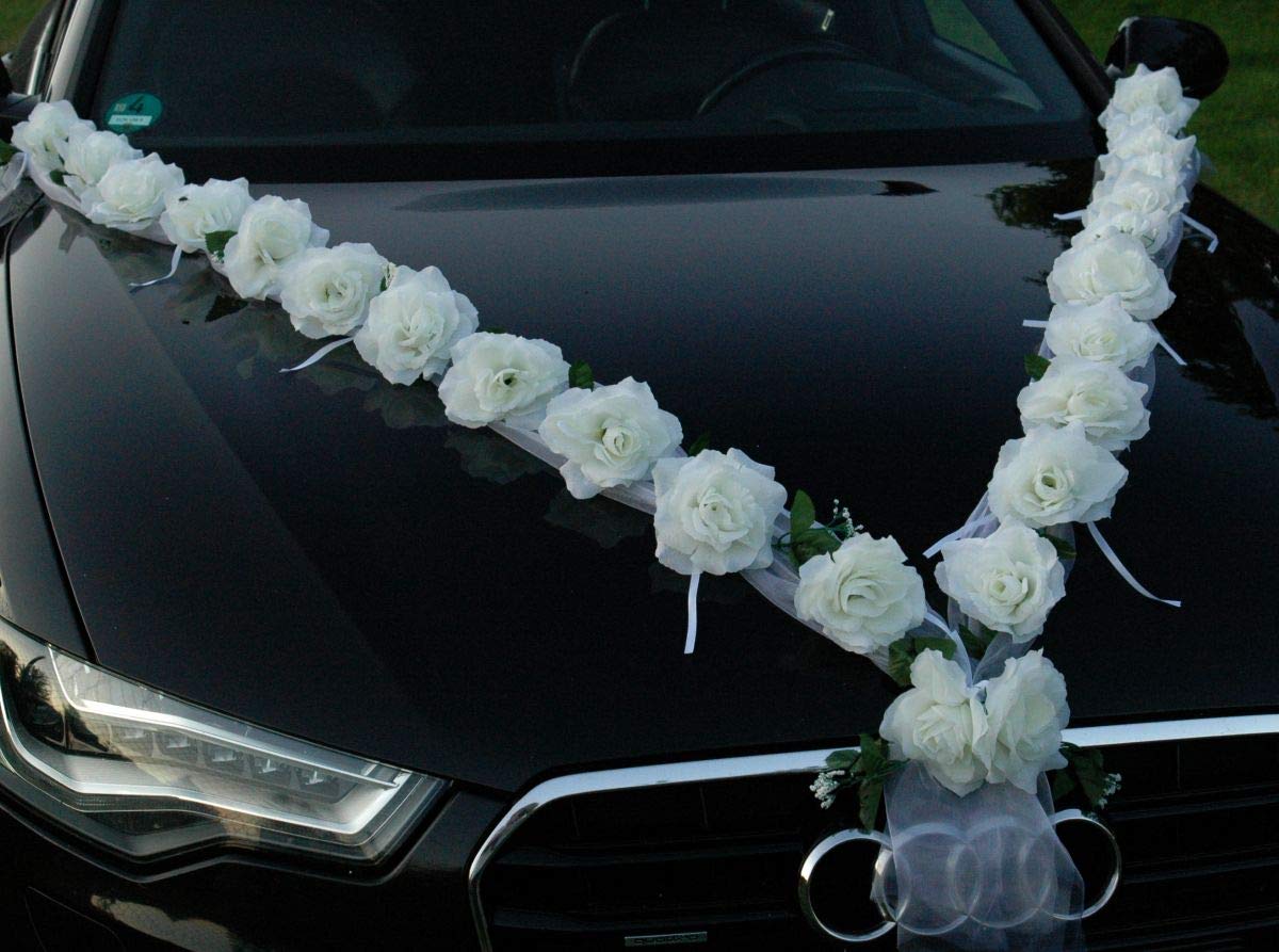 White Rose Garland Car Decoration - Elegant Floral Car Accessory for Weddings, Bridal Showers & Special Events | Perfect for Vehicle Decorations