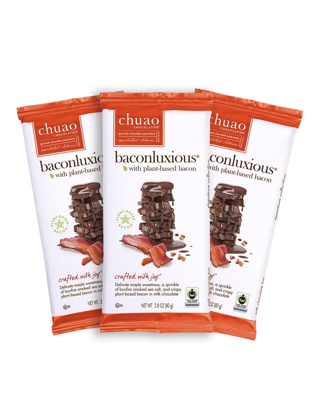 Chuao Baconluxious Vegan Chocolate Bars - 3 Pack | Gourmet Milk Chocolate with Plant-Based Bacon | Perfect for Gifts & Care Packages
